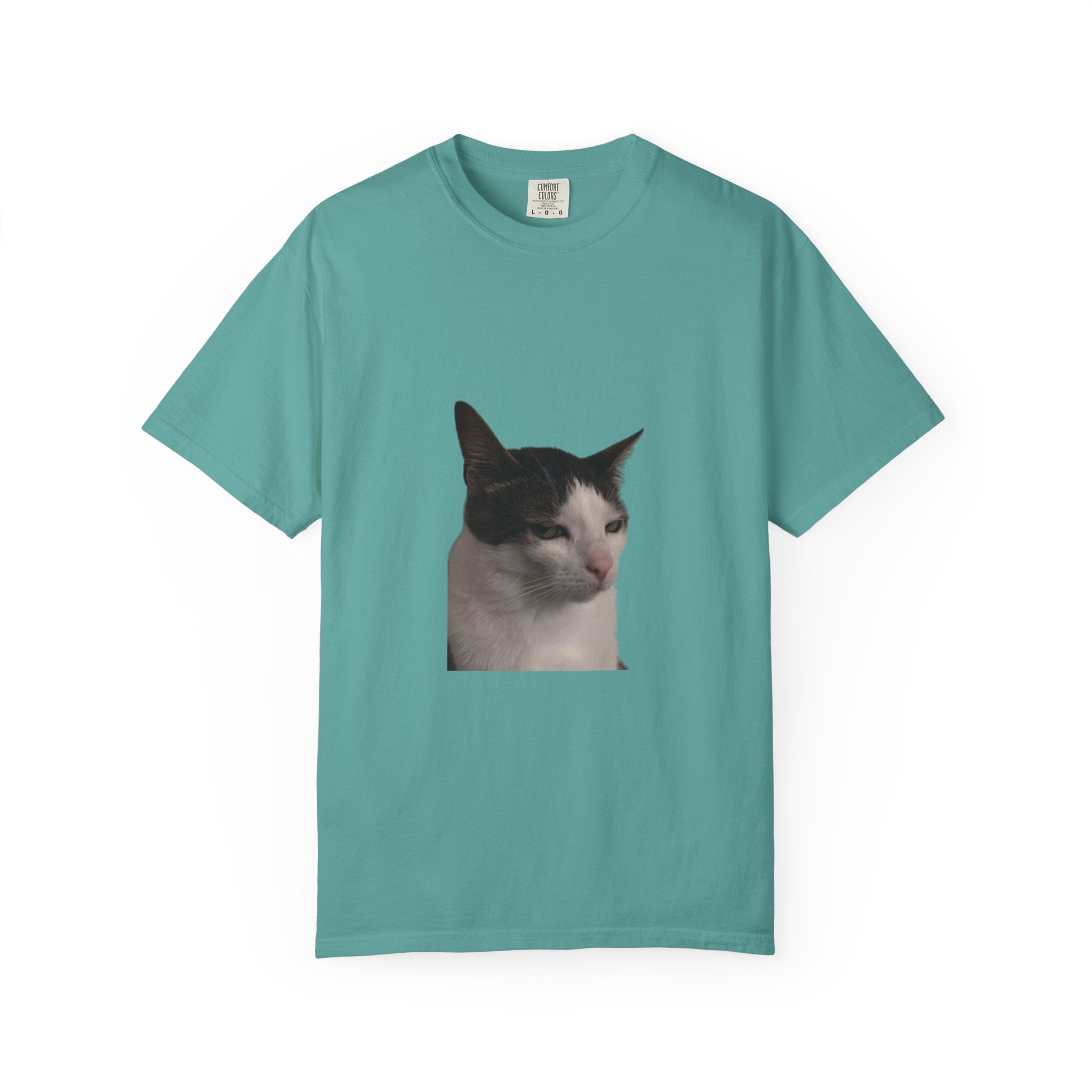 Teal t-shirt with a cat graphic on a white background