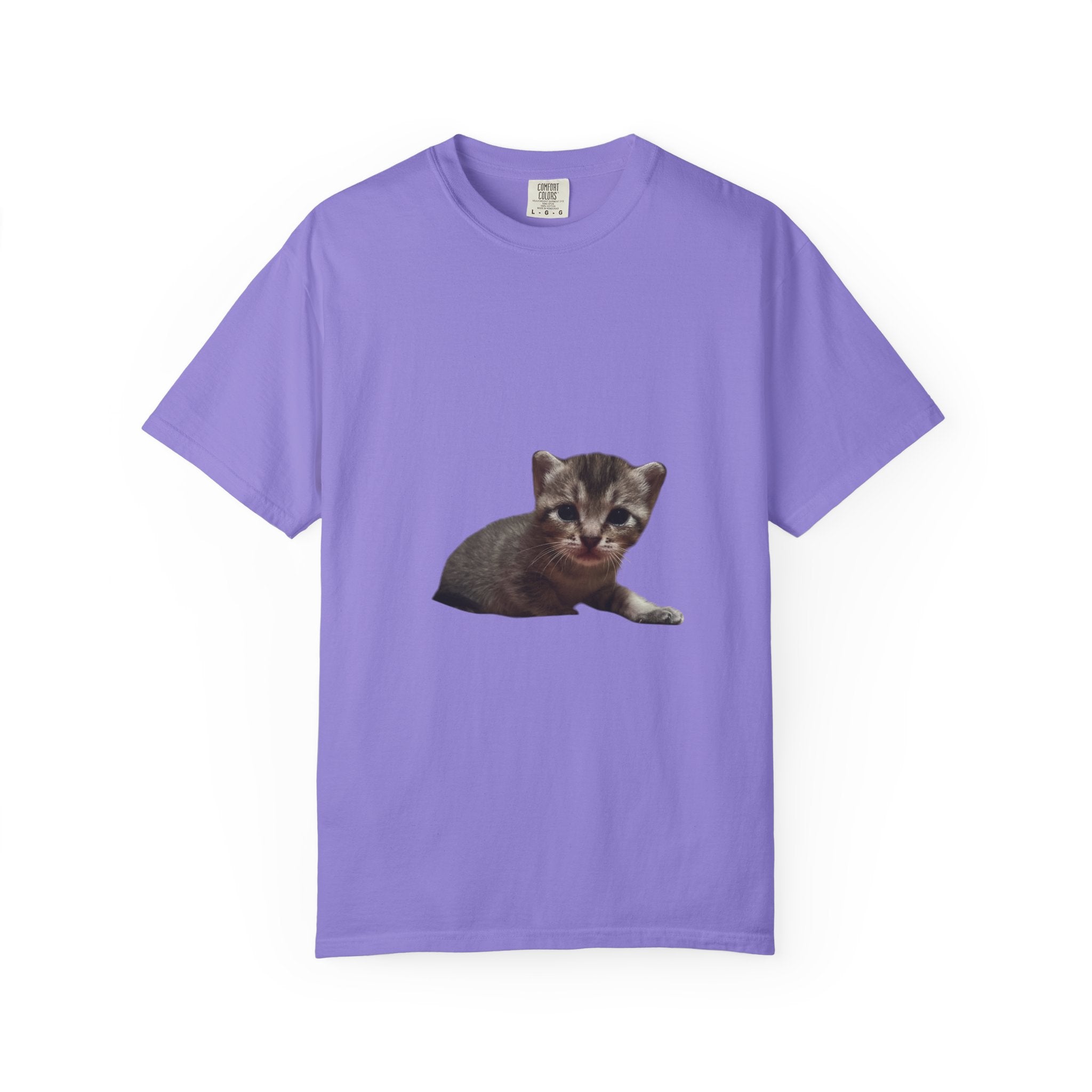 Purple t-shirt with a kitten graphic on a white background