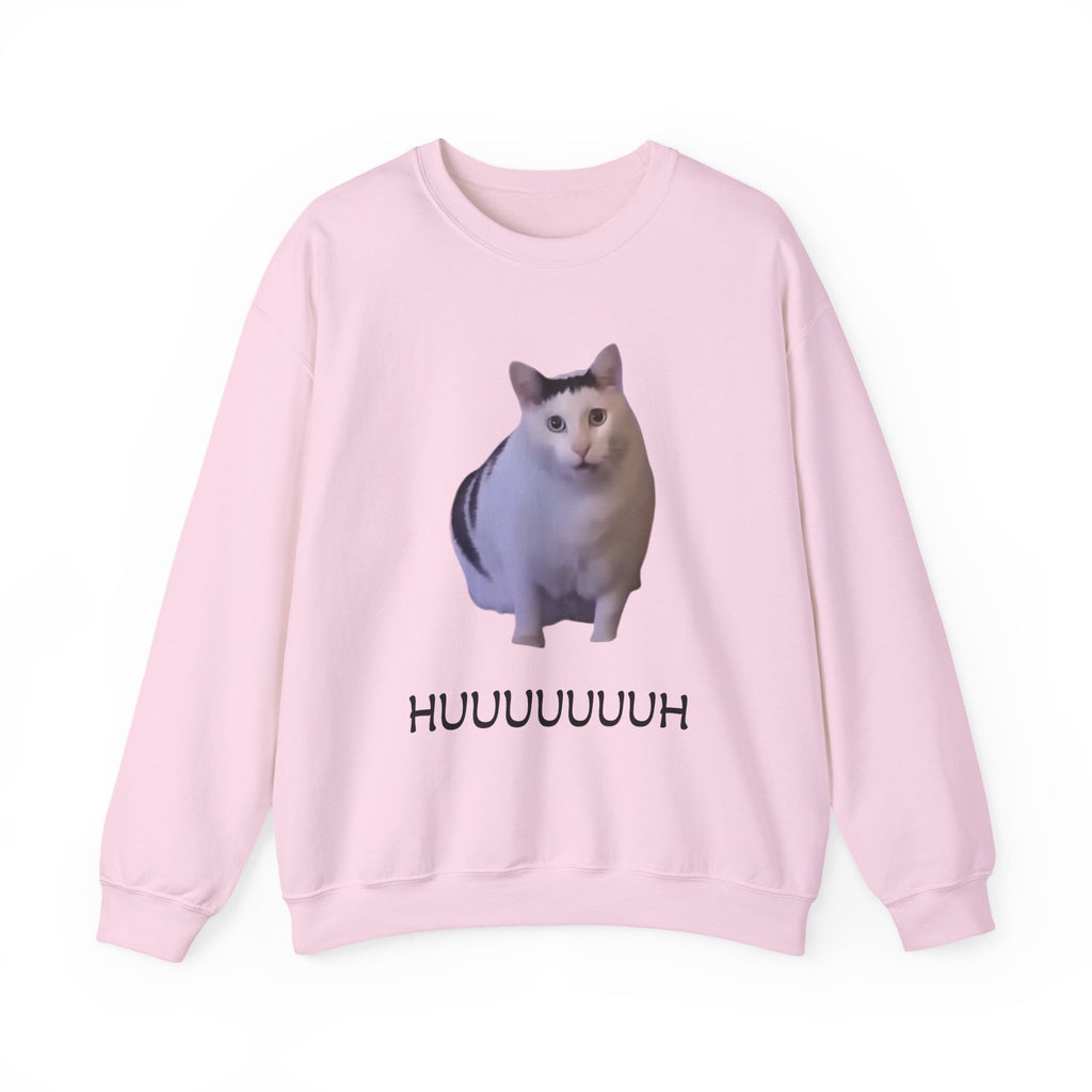 Pink sweatshirt with a cat graphic and text on a white background