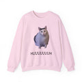 Pink sweatshirt with a cat graphic and text on a white background