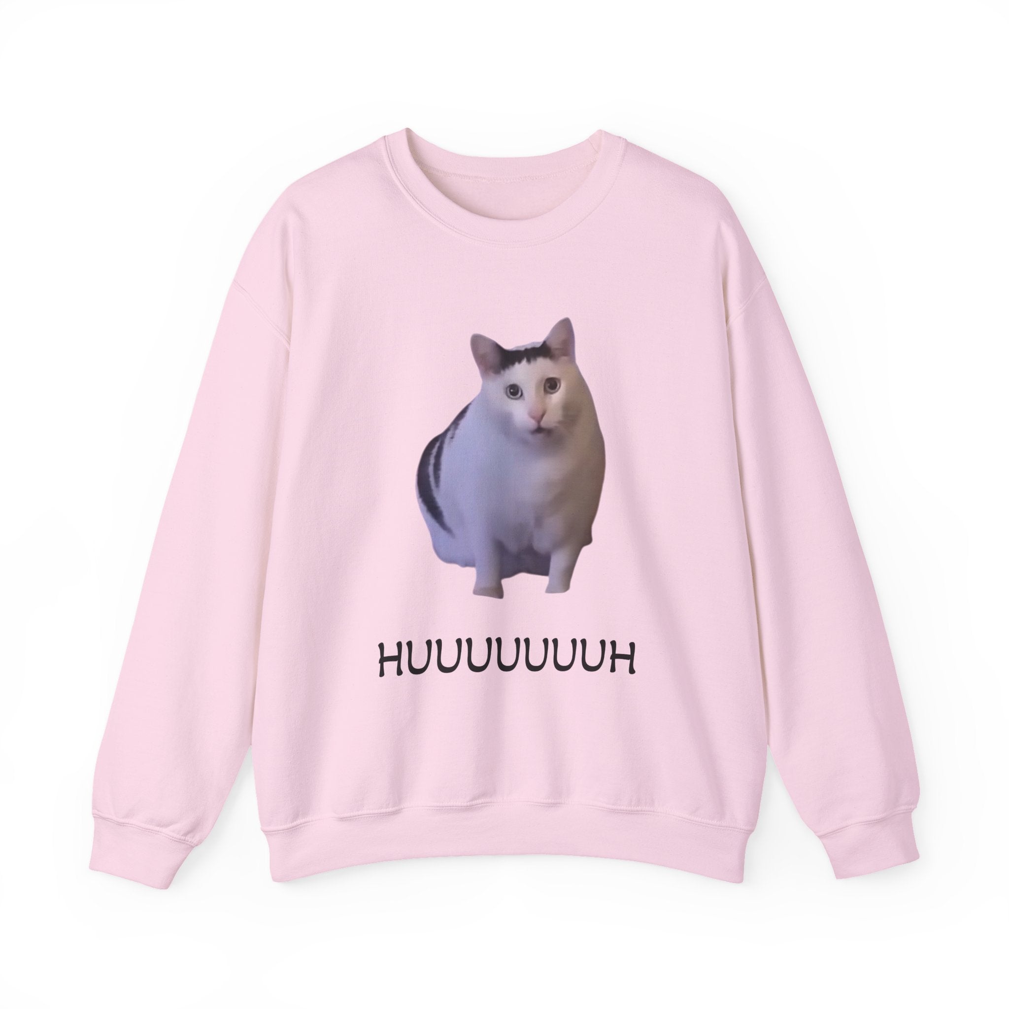 Pink sweatshirt with a cat graphic and text on a white background