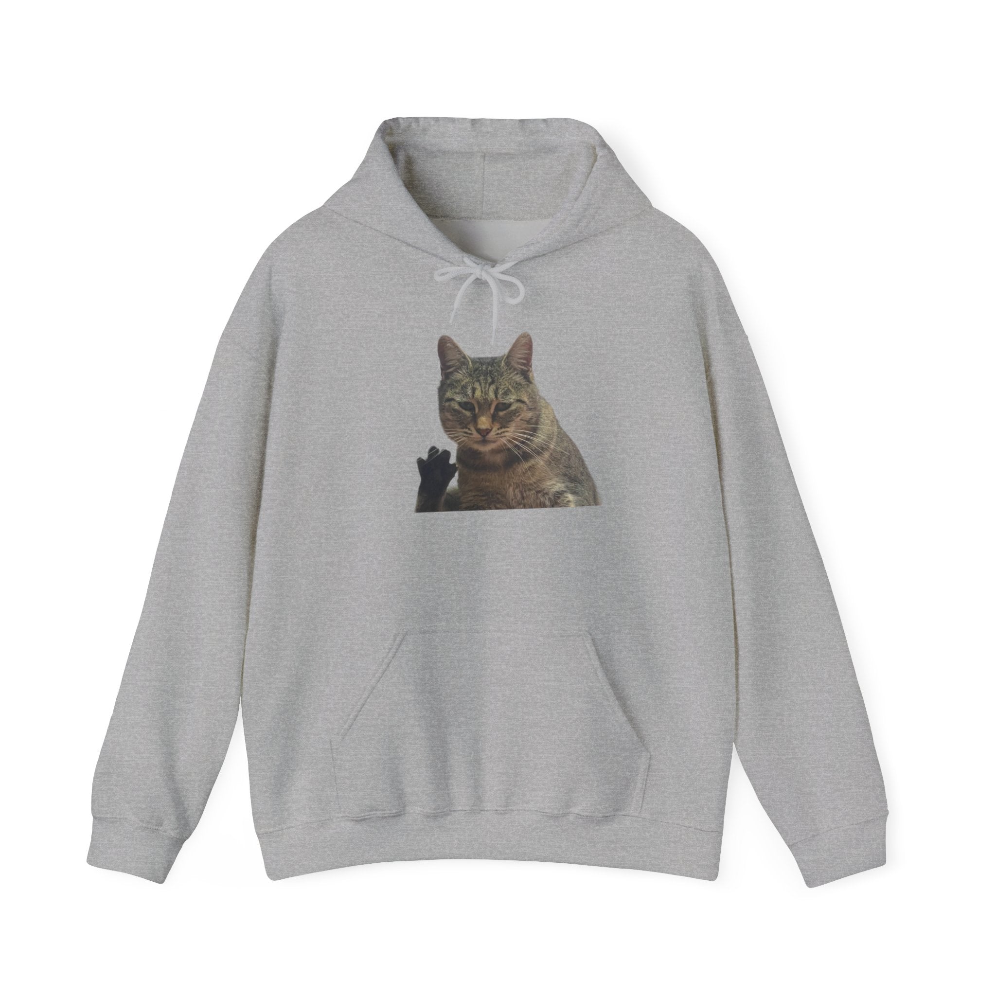 Gray hoodie with a cat graphic on a white background