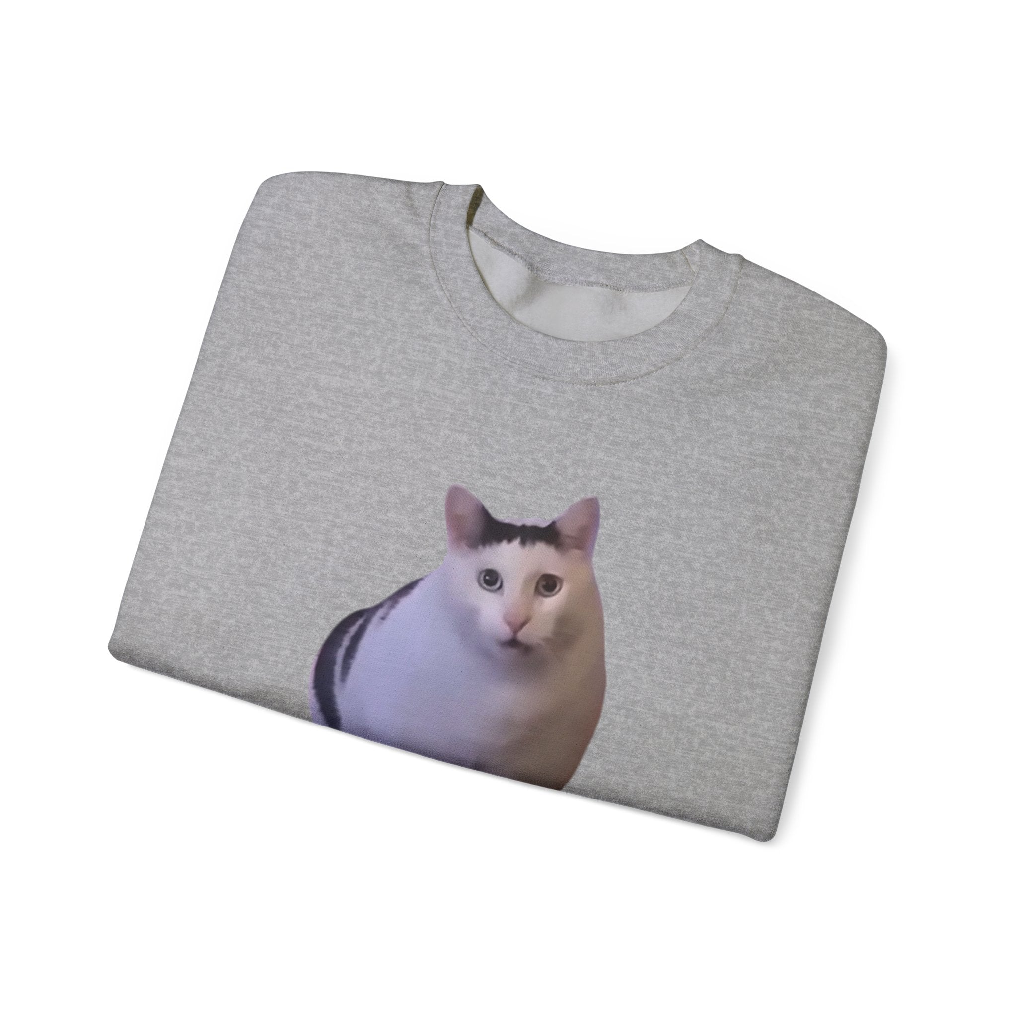 Folded gray t-shirt with a cat print on a white background