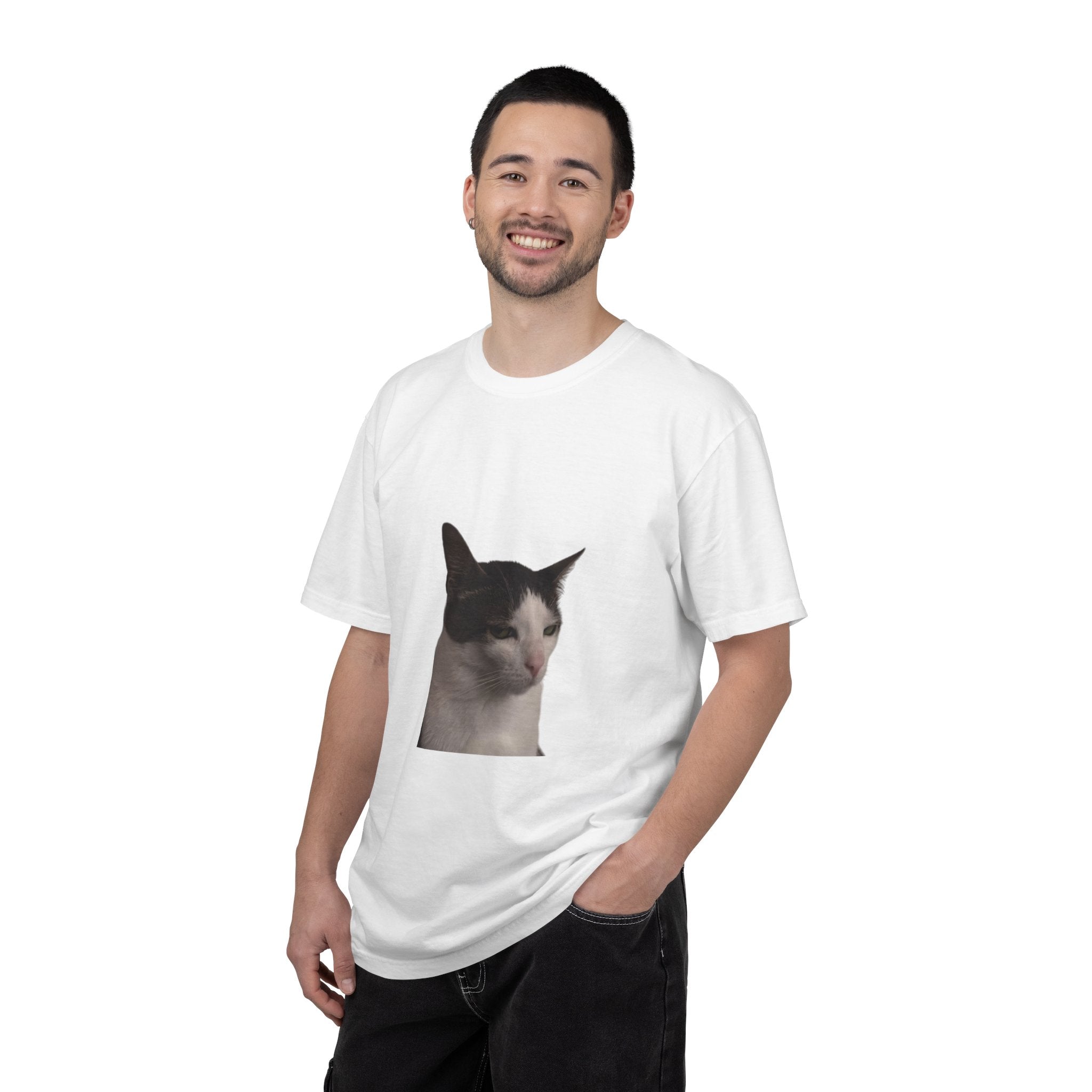 Man wearing a white t-shirt with a cat graphic on a white background