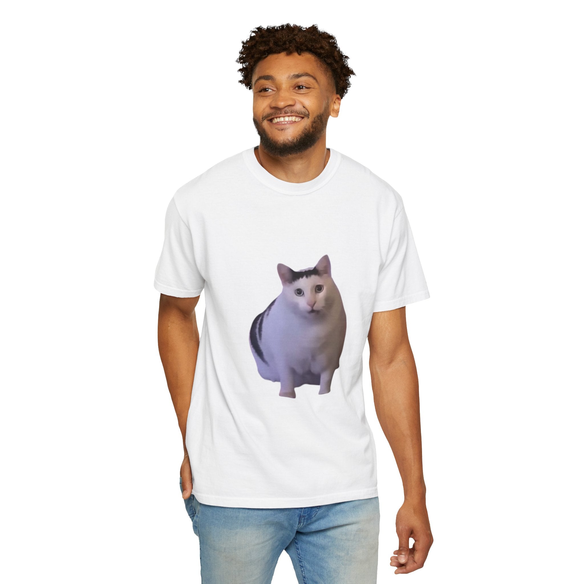 Man wearing a white t-shirt with a cat graphic on a white background
