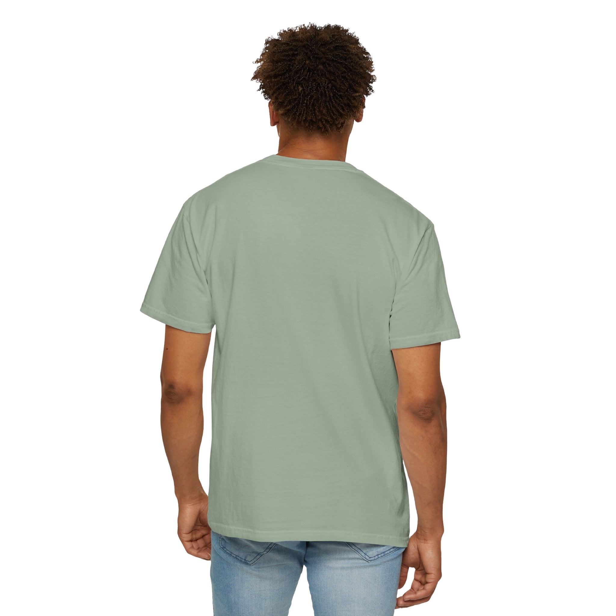 Person wearing a light green t-shirt with a logo on the back, standing against a white background