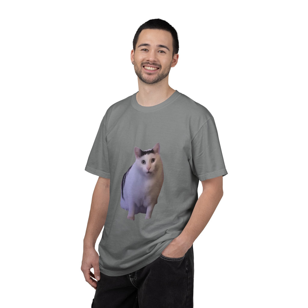 Man wearing a gray t-shirt with a logo on a white background
