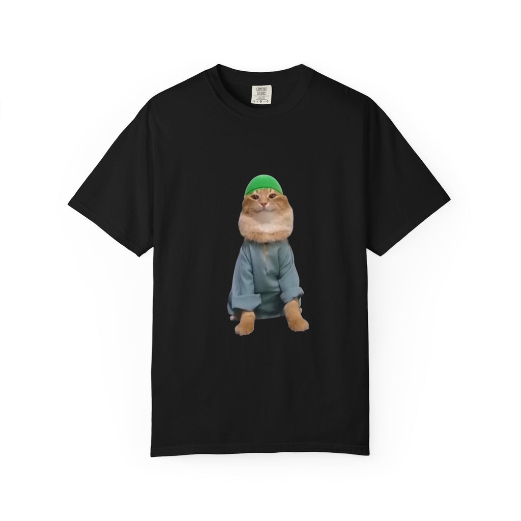 Black t-shirt with a graphic of a cat wearing a green hat and blue outfit on a white background