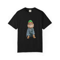 Black t-shirt with a graphic of a cat wearing a green hat and blue outfit on a white background