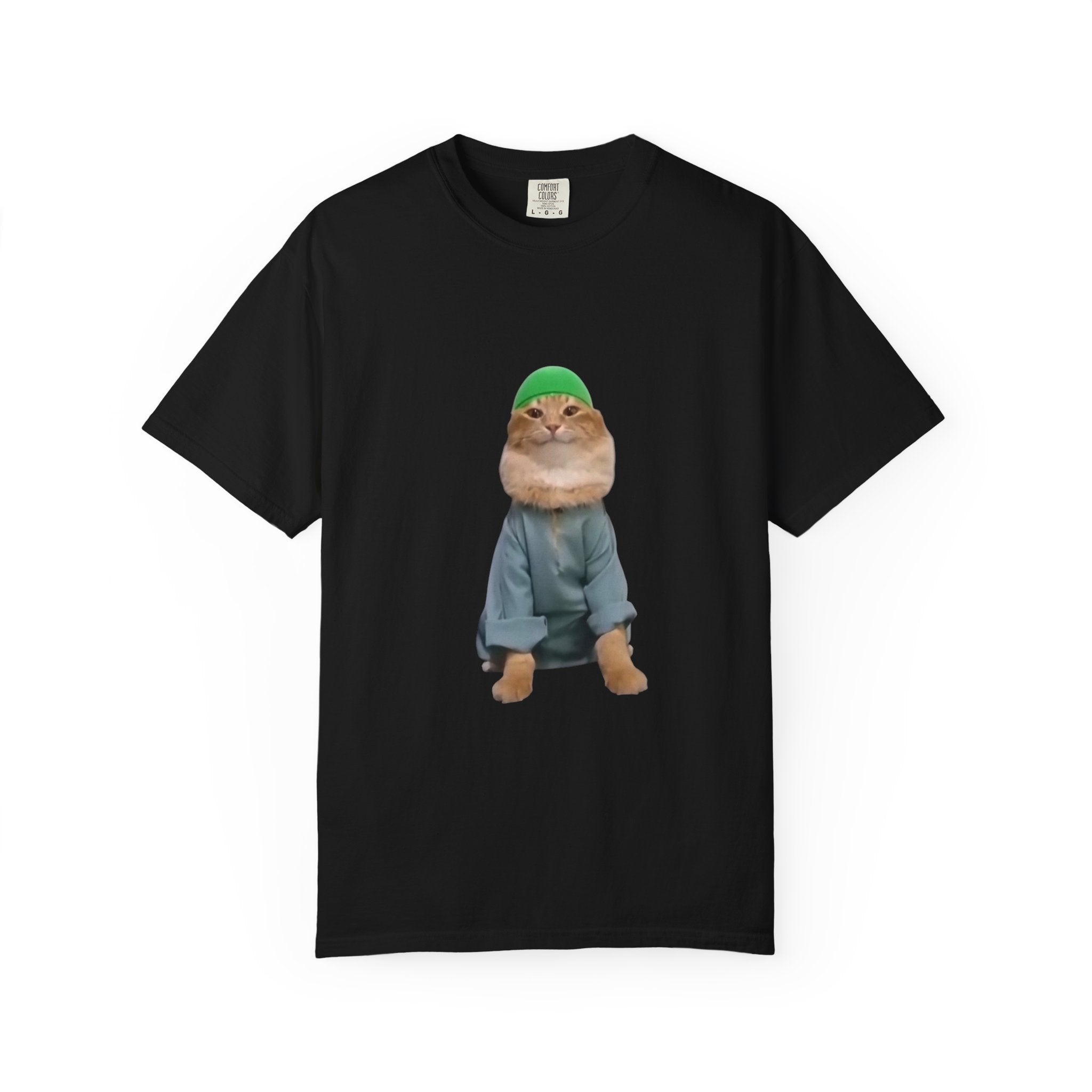 Black t-shirt with a graphic of a cat wearing a green hat and blue outfit on a white background