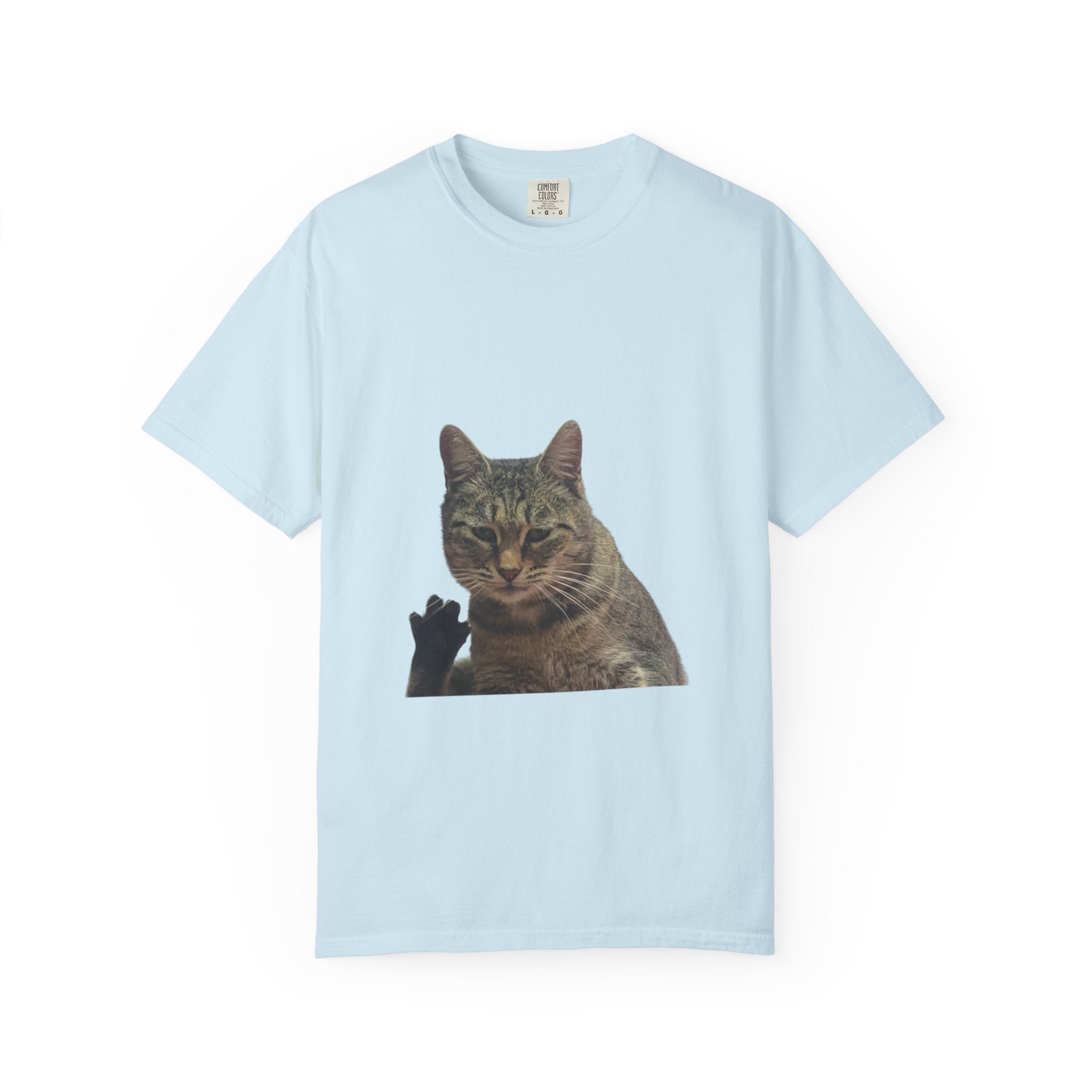 Light blue t-shirt with a cat graphic on a white background