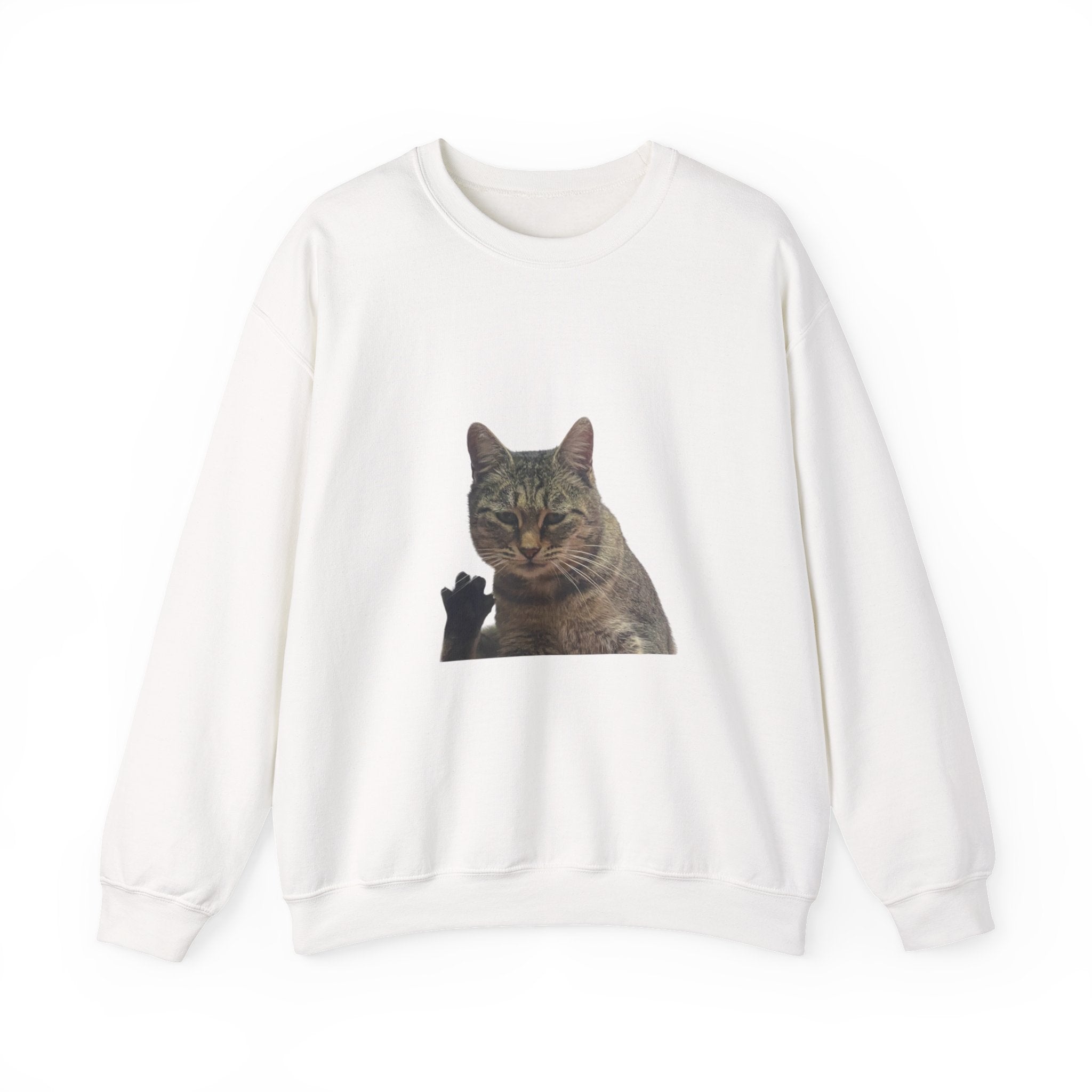 White sweatshirt with a cat graphic on a white background