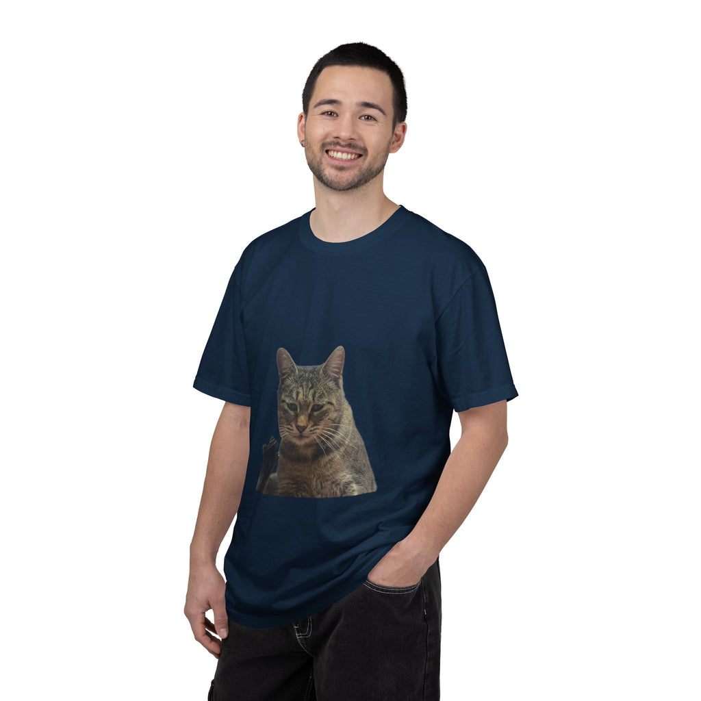 Man wearing a navy blue t-shirt with a cat graphic on a white background