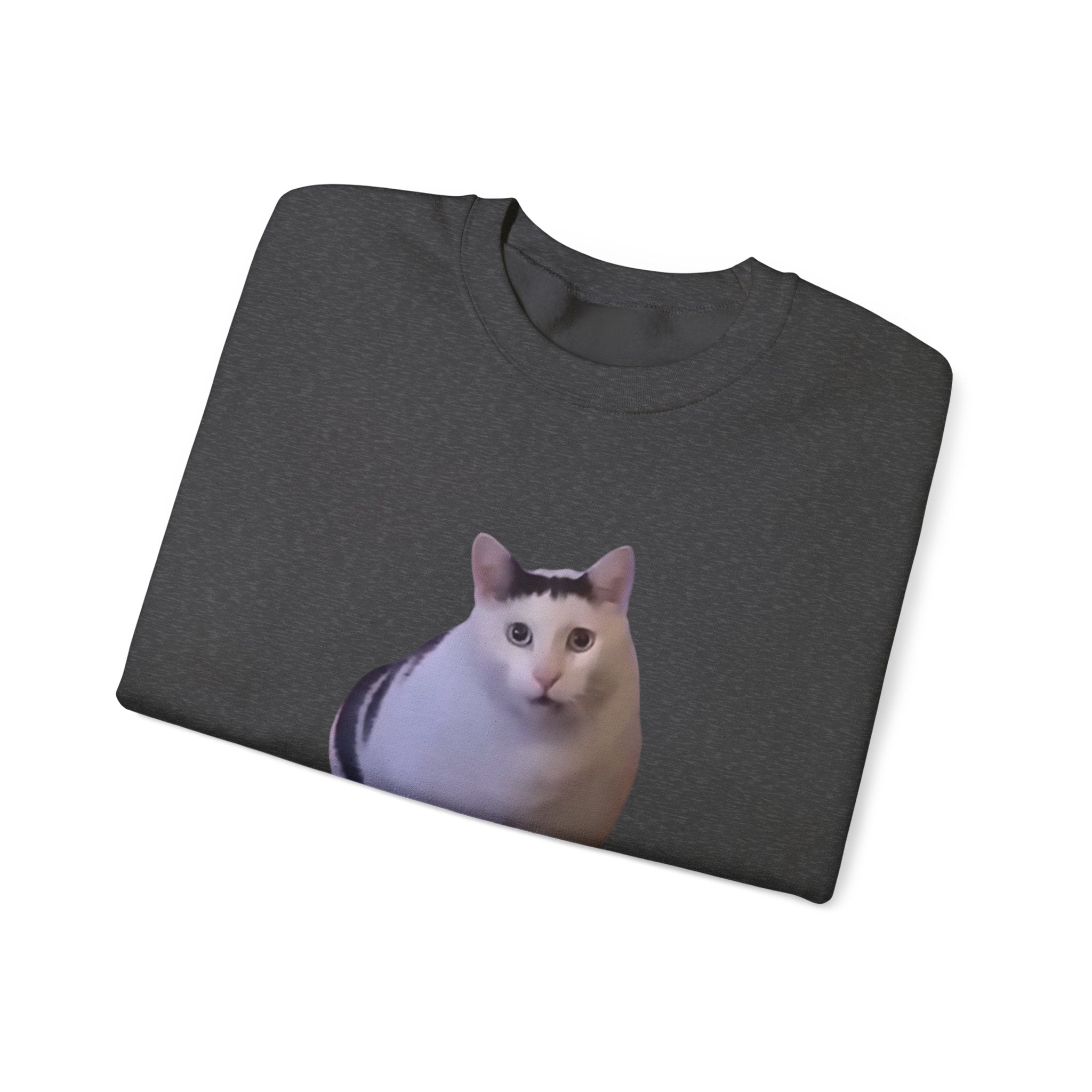 Folded dark gray t-shirt with a cat print on a white background