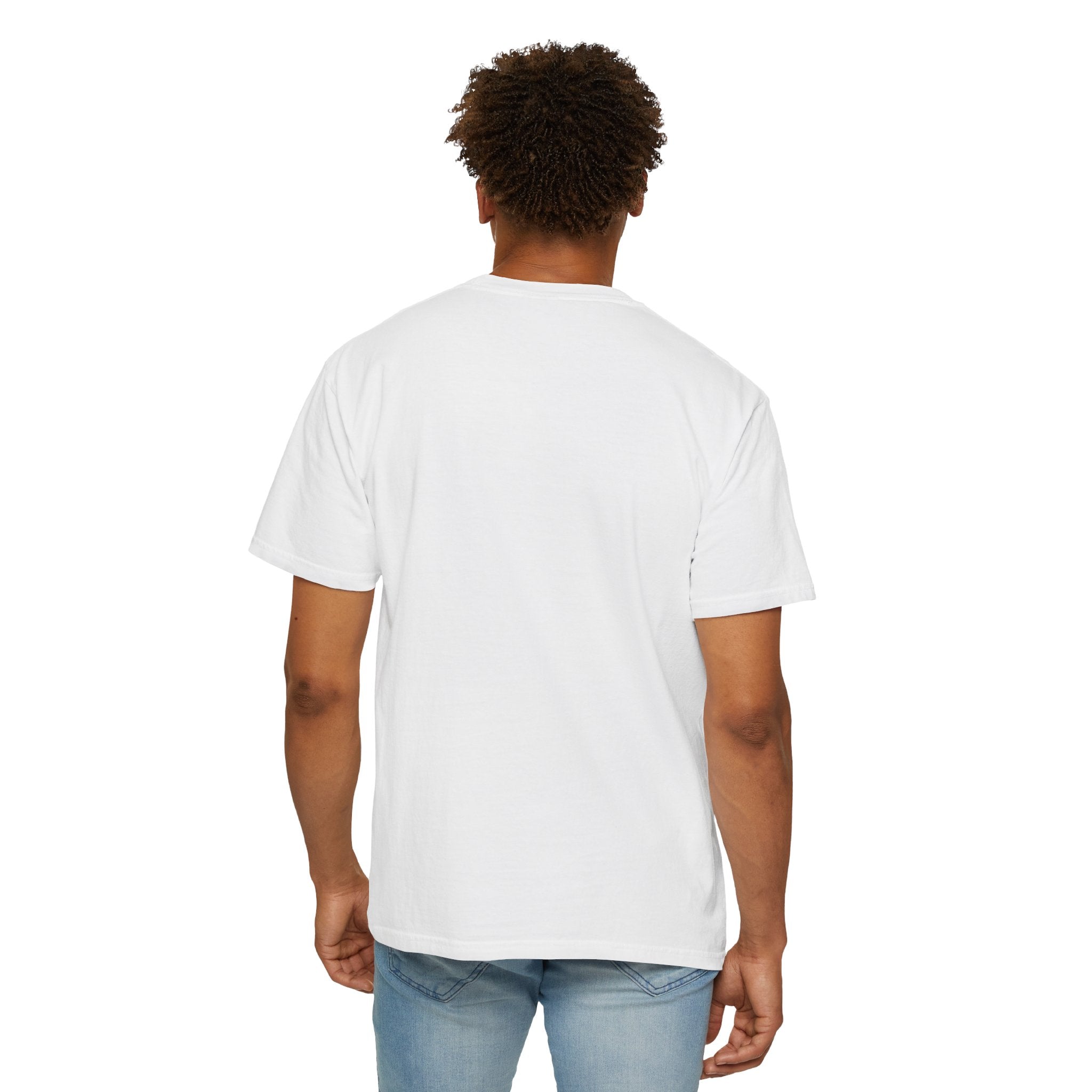 Person wearing a plain white t-shirt on a white background