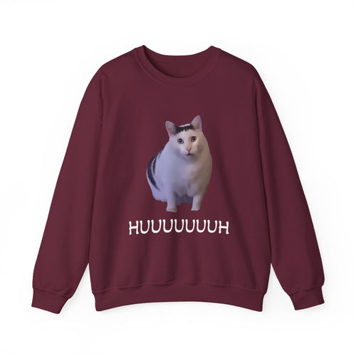 Maroon sweatshirt with a cat graphic and 'HUUUUUUH' text on a white background
