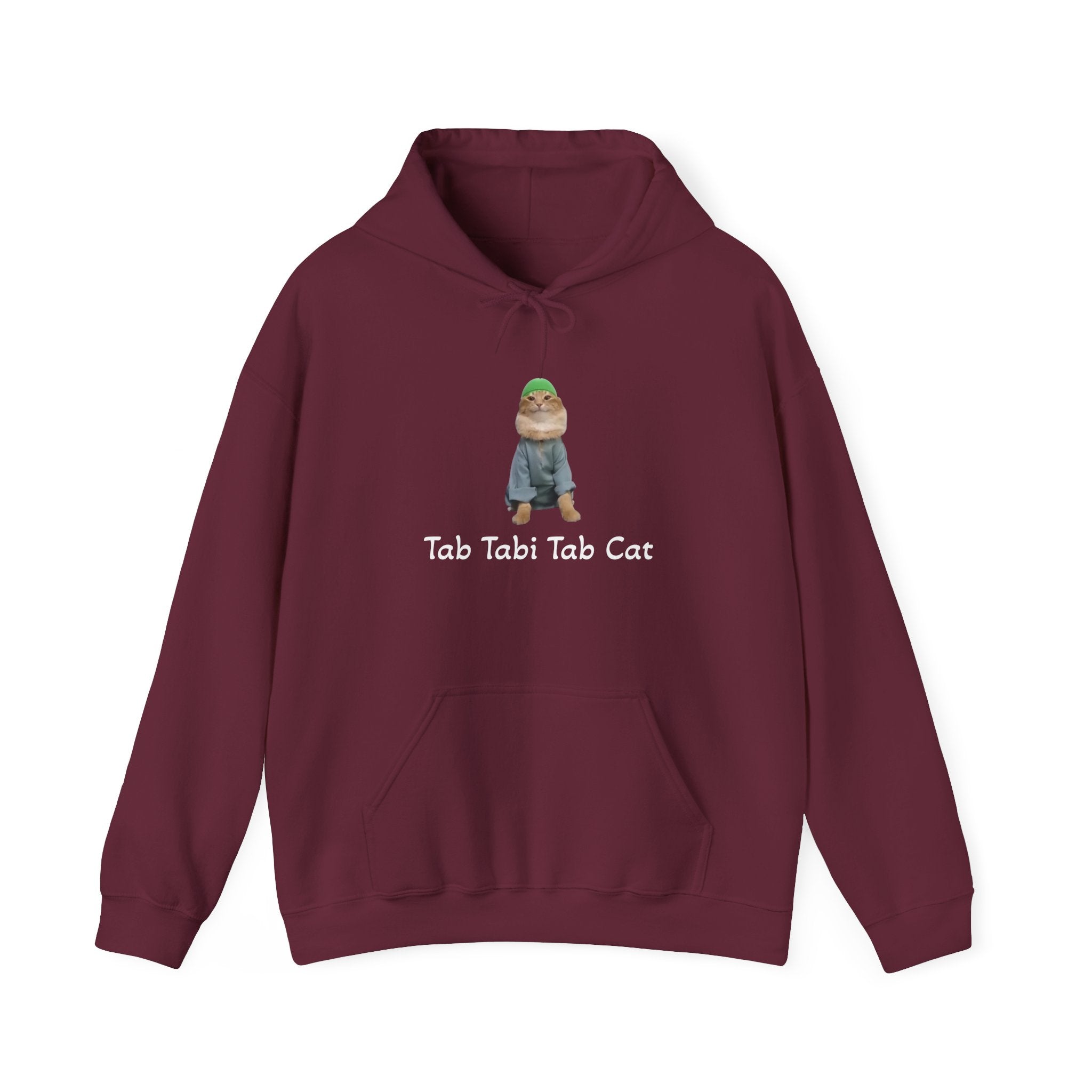 Maroon hoodie with a graphic of a cat and text 'Tab Tabi Tab Cat' on a white background