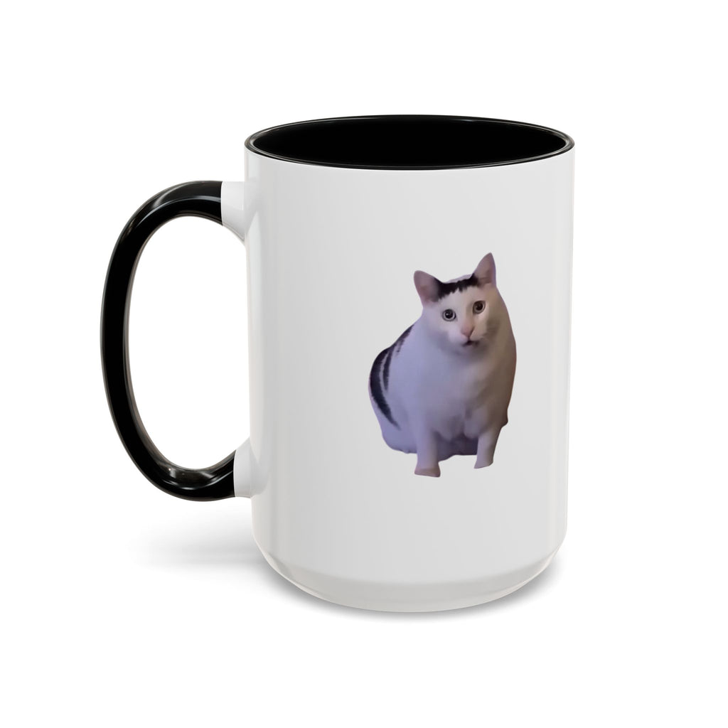 White mug with black handle featuring a cat illustration on a white background