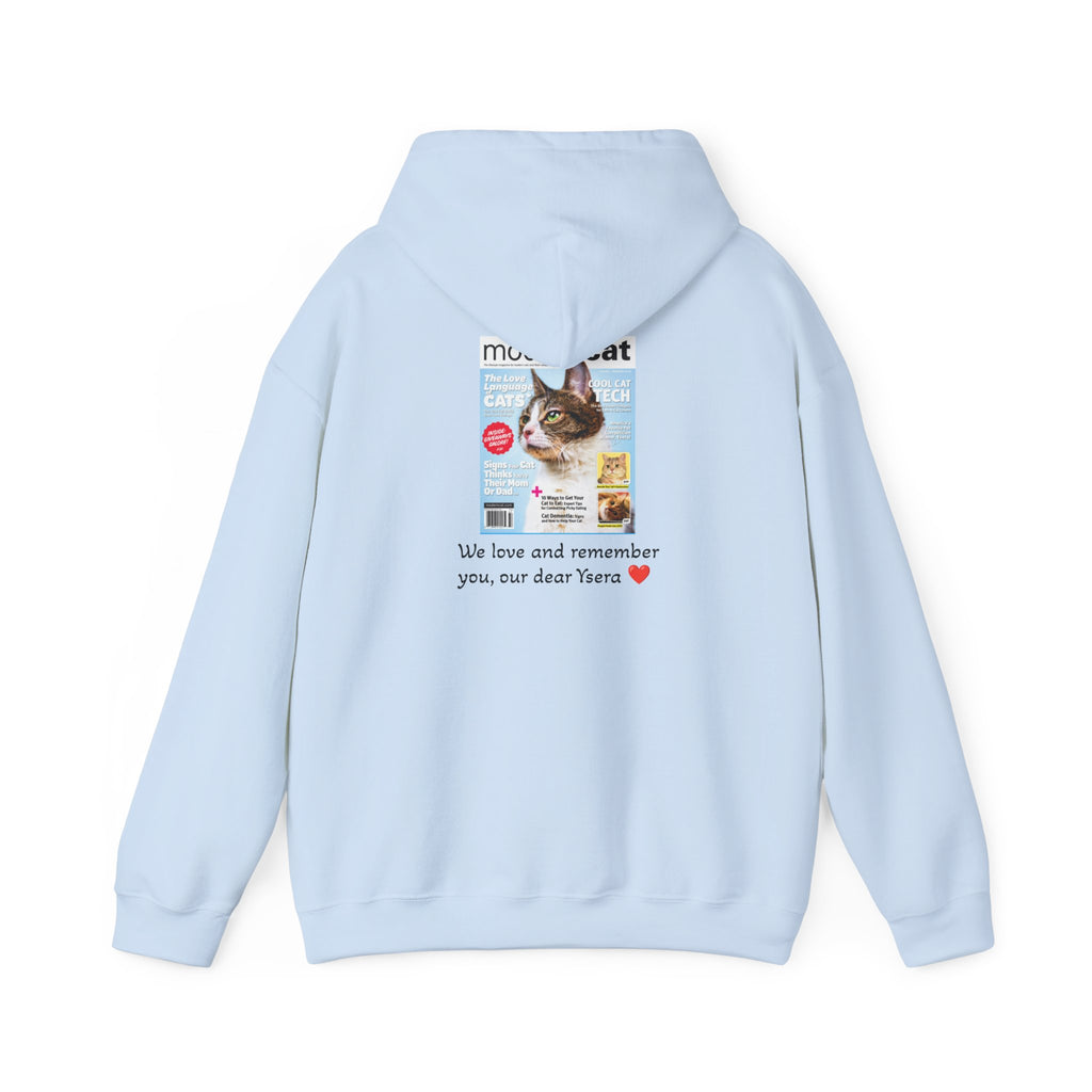 Light blue hoodie with a cat memorial design on the back