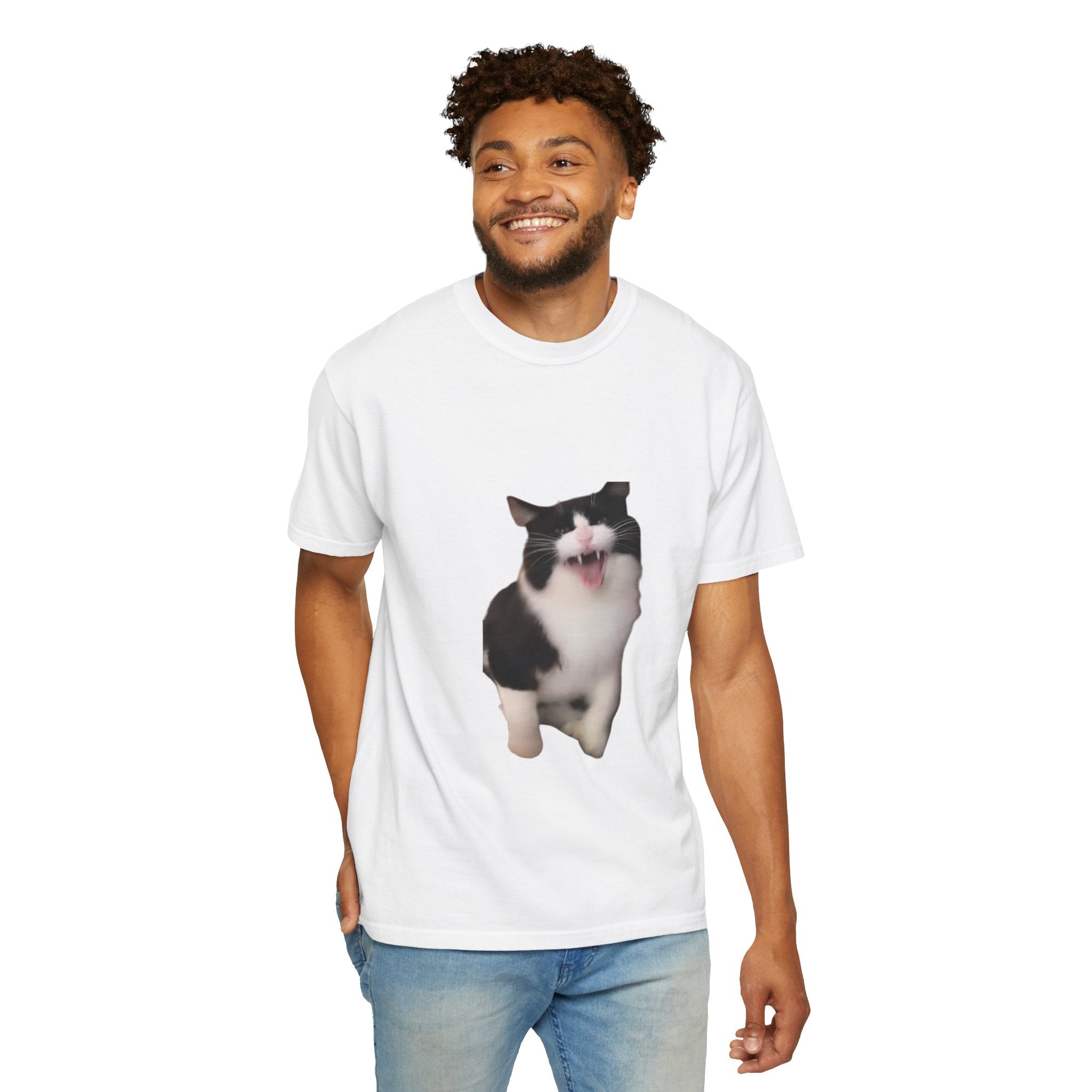 Man wearing a white t-shirt with a cat graphic on a white background
