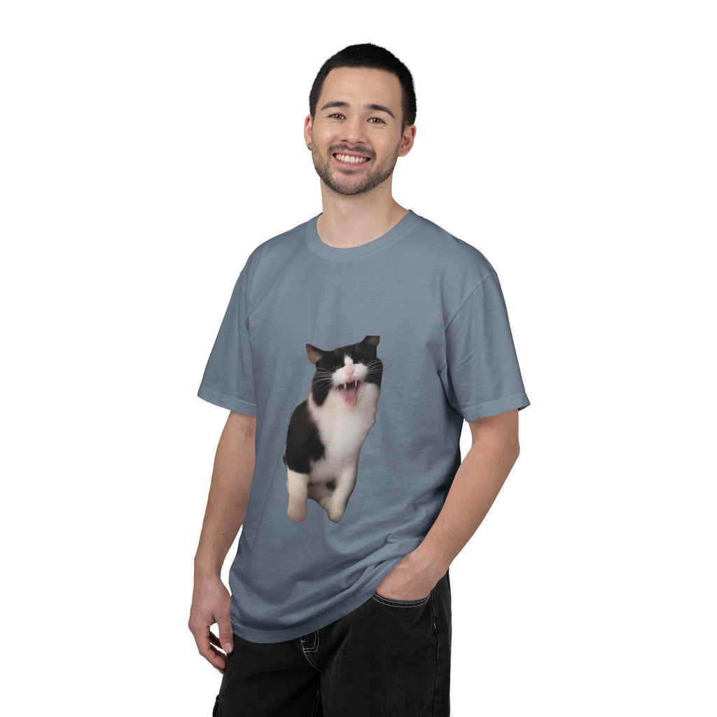 Man wearing a gray t-shirt with a cat graphic on a white background