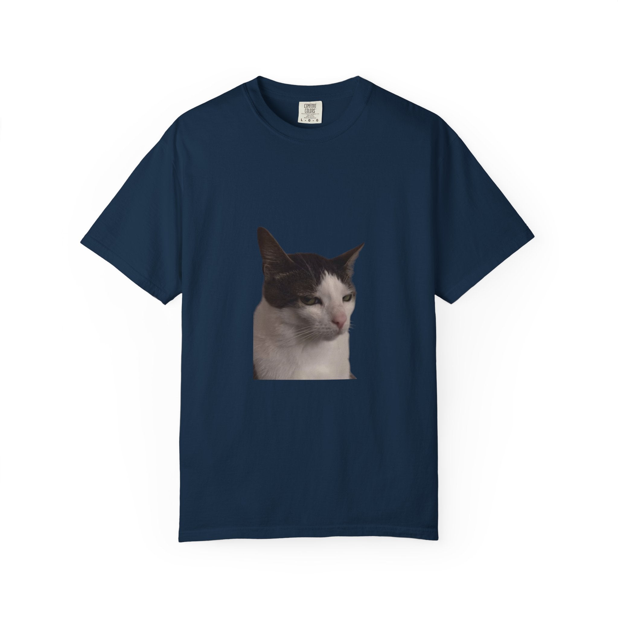 Navy blue t-shirt with a cat's face printed on it against a white background
