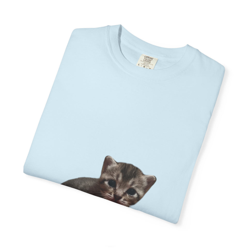 Light blue t-shirt with a kitten graphic on a white background