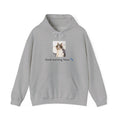 Gray hoodie with a cat graphic and text on a white background
