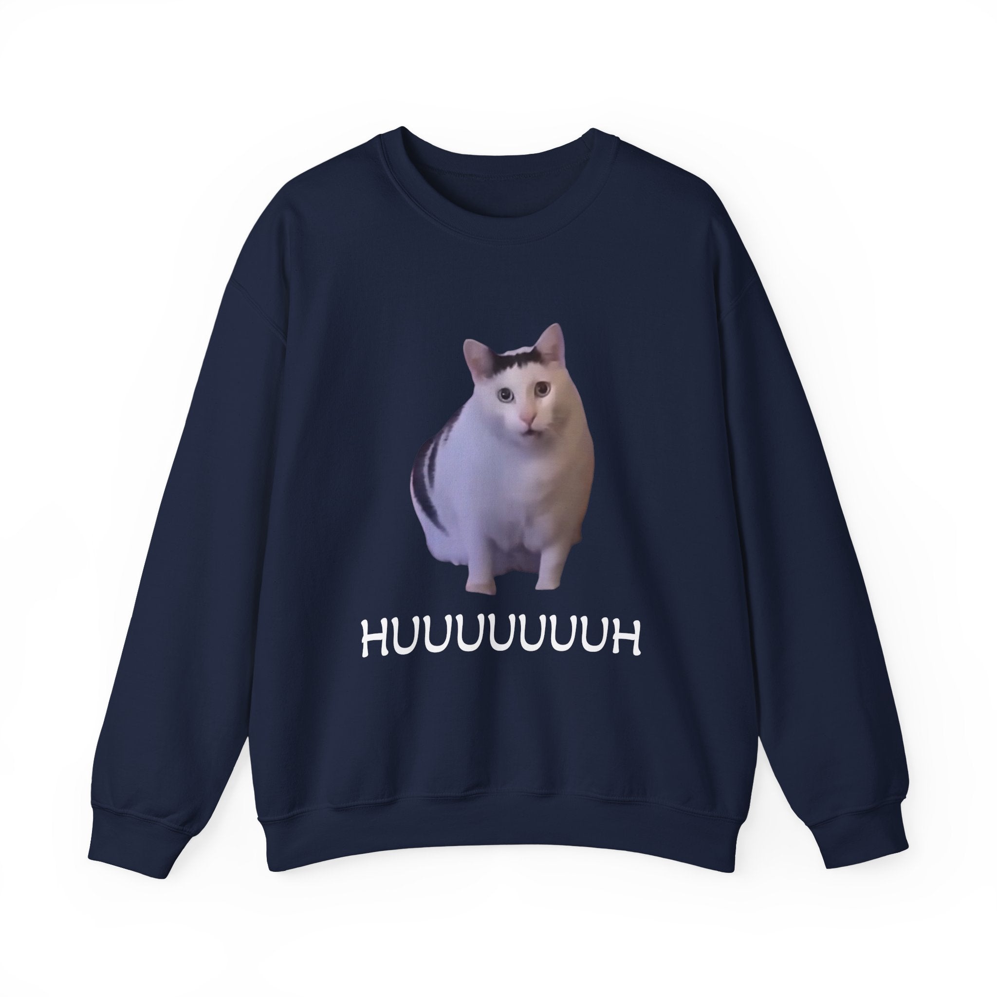Navy blue sweatshirt with a cat graphic and 'HUUUUUUH' text on a white background