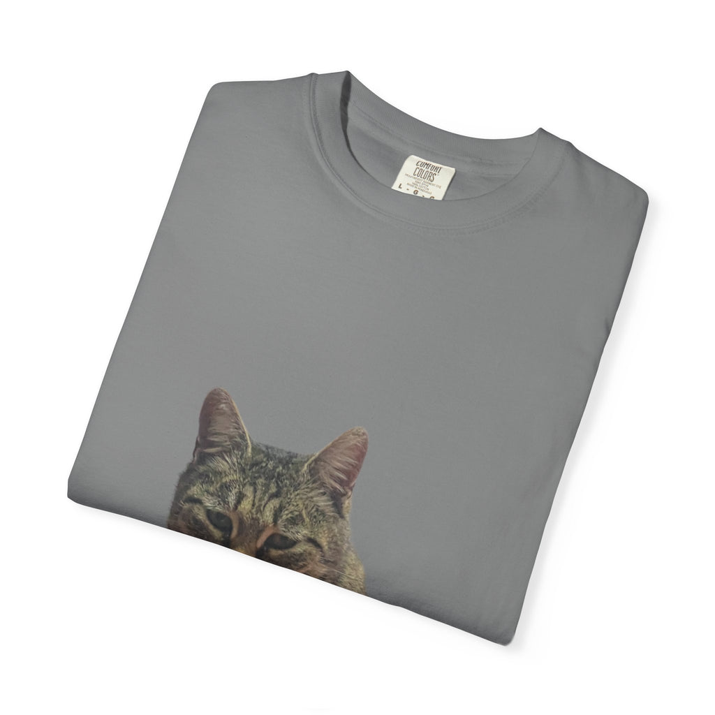 Folded gray t-shirt with a cat's face printed on it against a white background