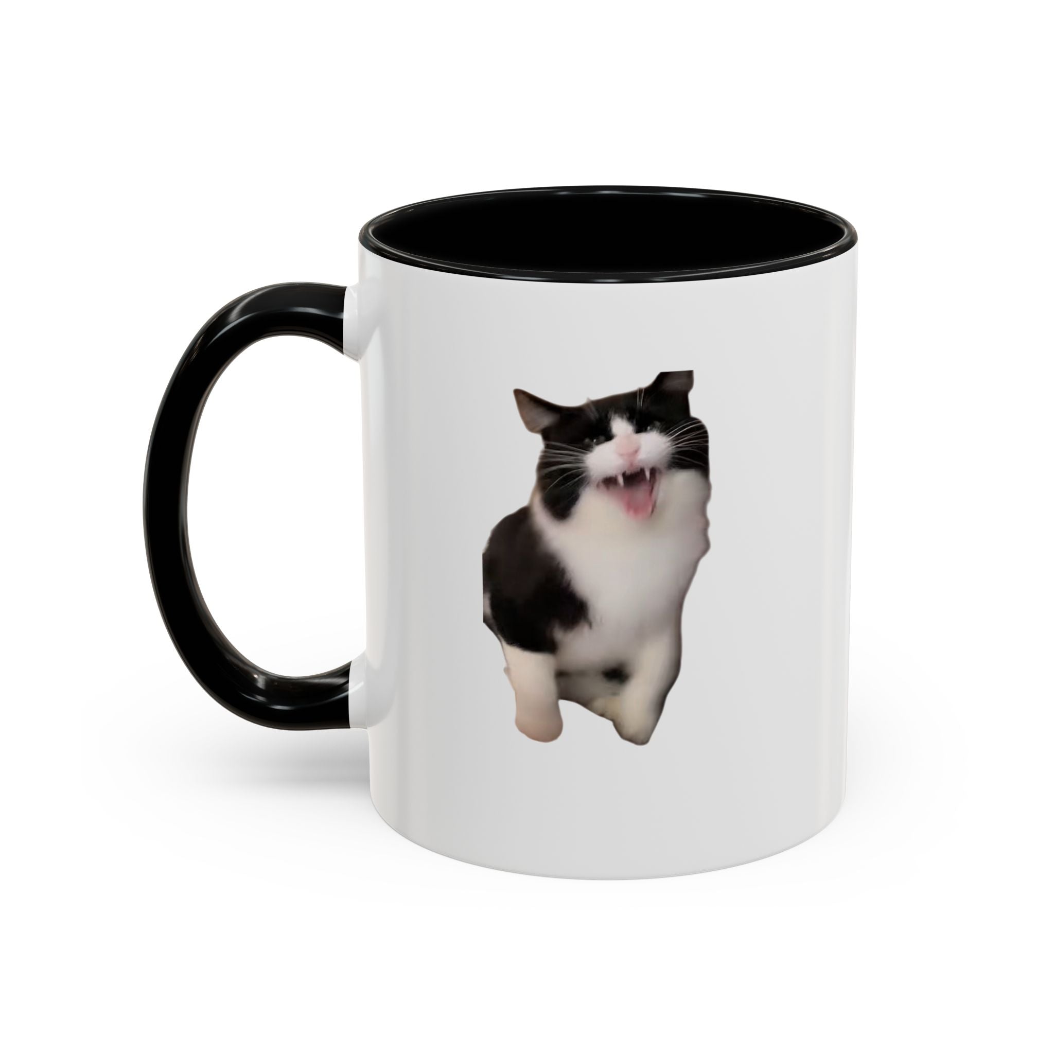 White mug with black handle featuring a cat design on a white background