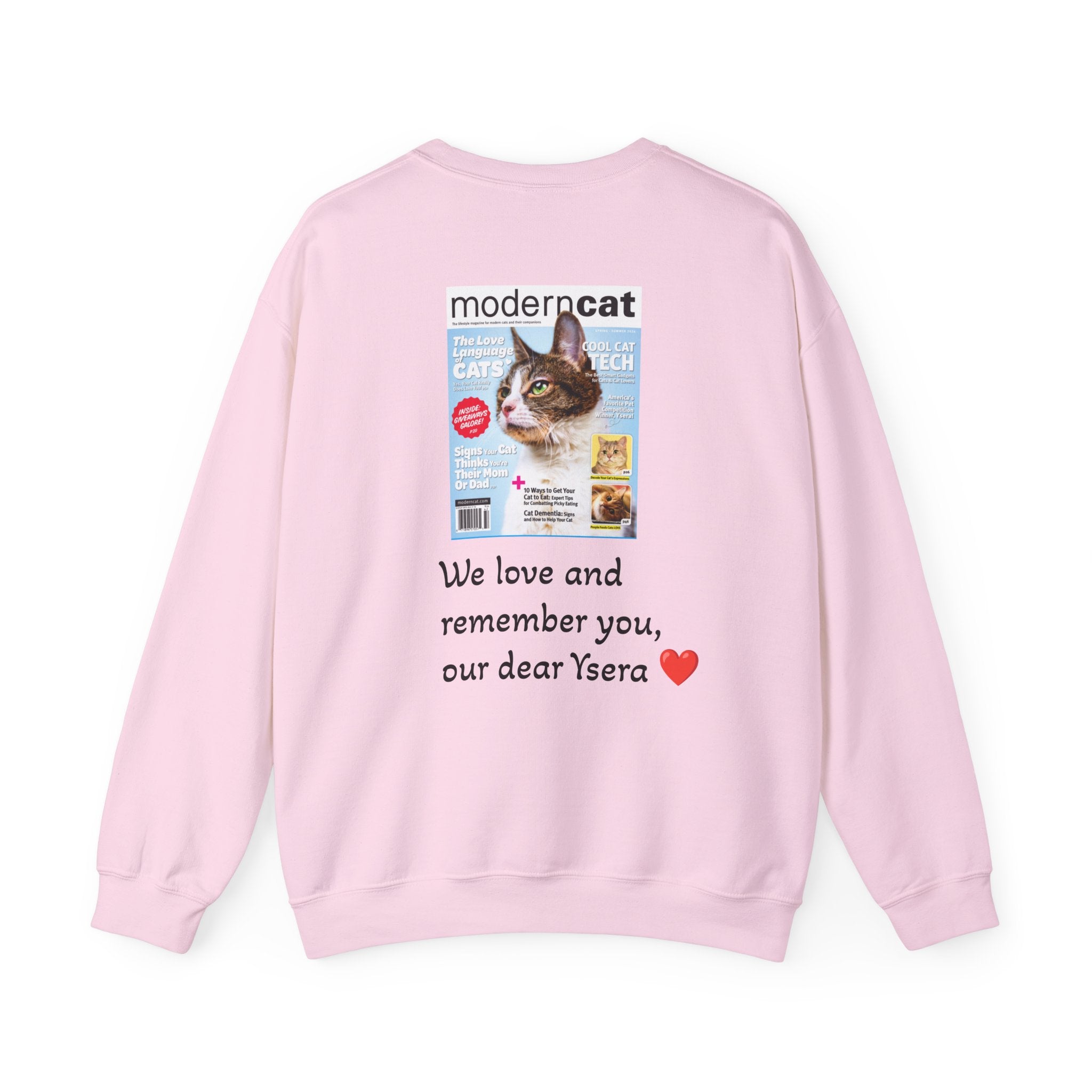 Pink sweatshirt with a printed design of a cat magazine cover and text on a white background