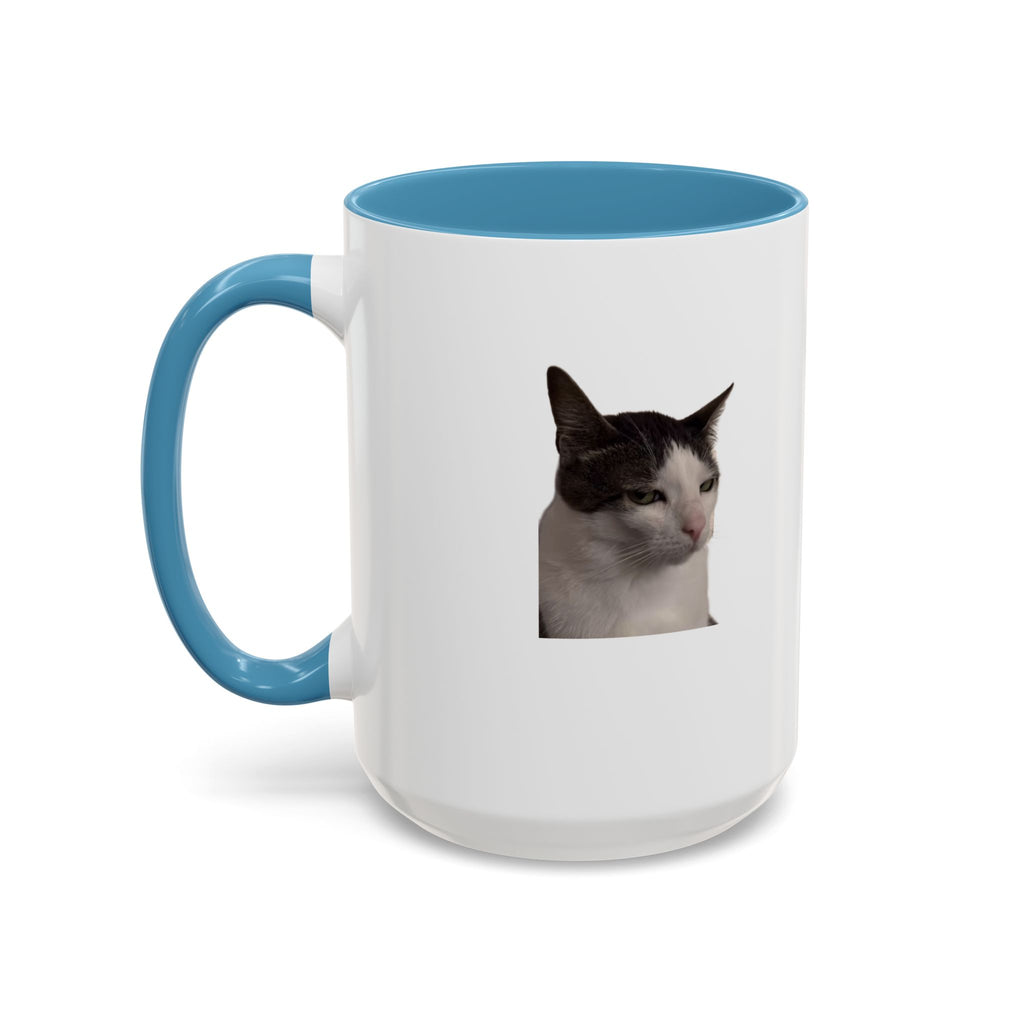White mug with blue handle and interior, featuring a cat's face on a white background