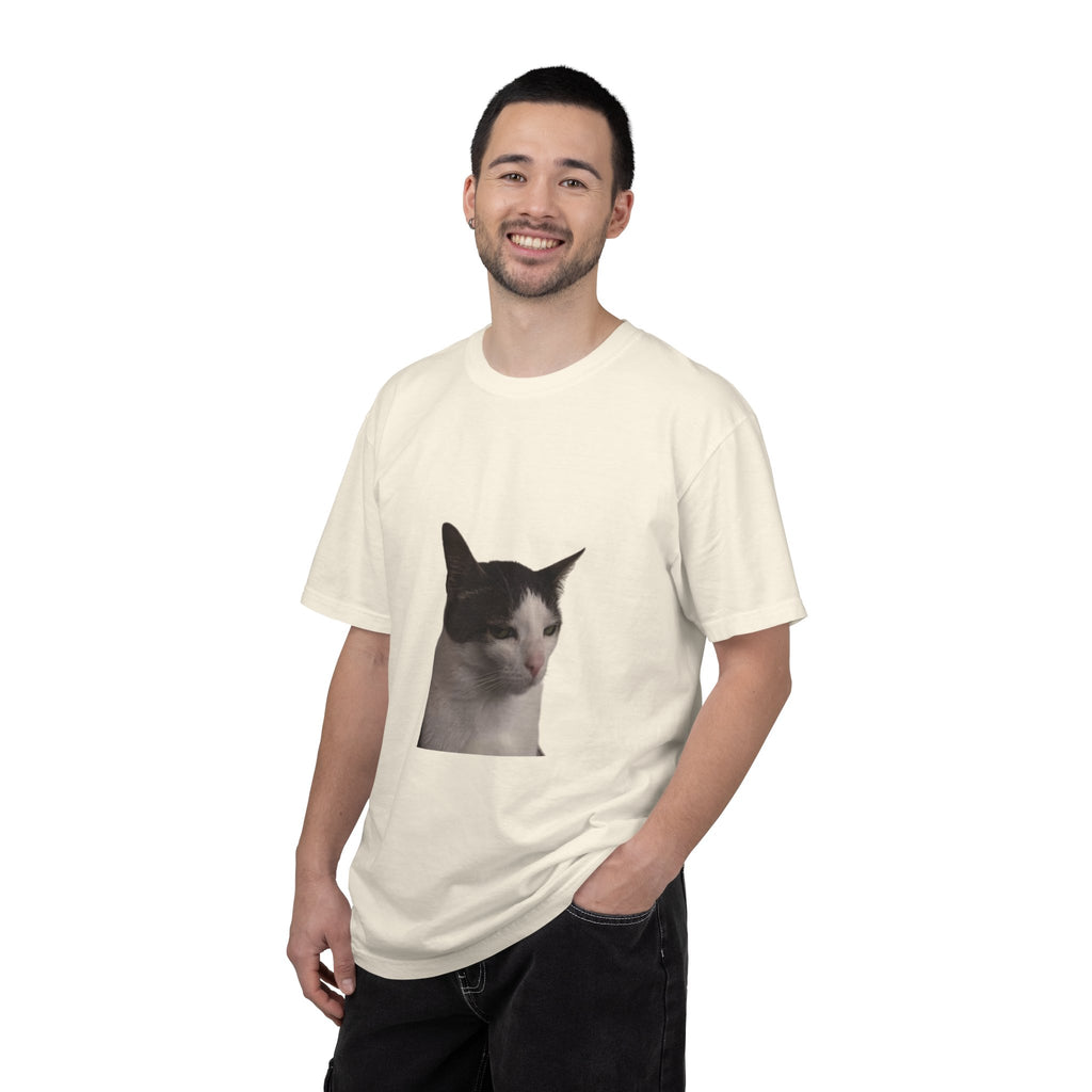 Man wearing a white t-shirt with a cat graphic on a white background