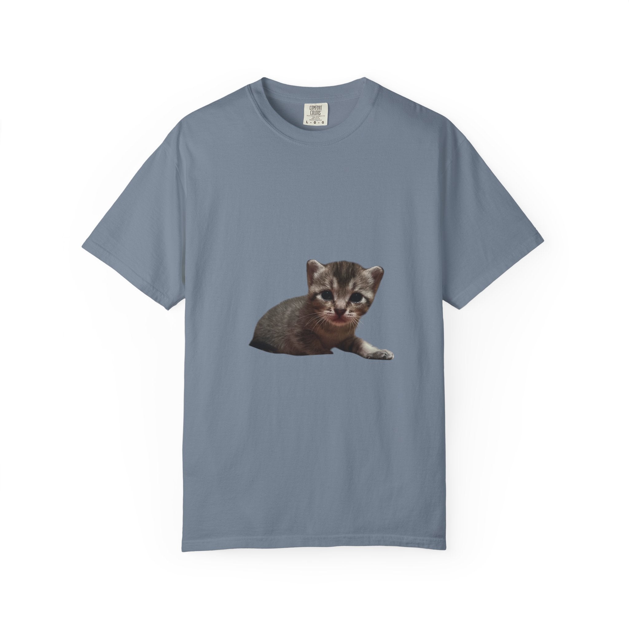 Gray t-shirt with a kitten graphic on a white background