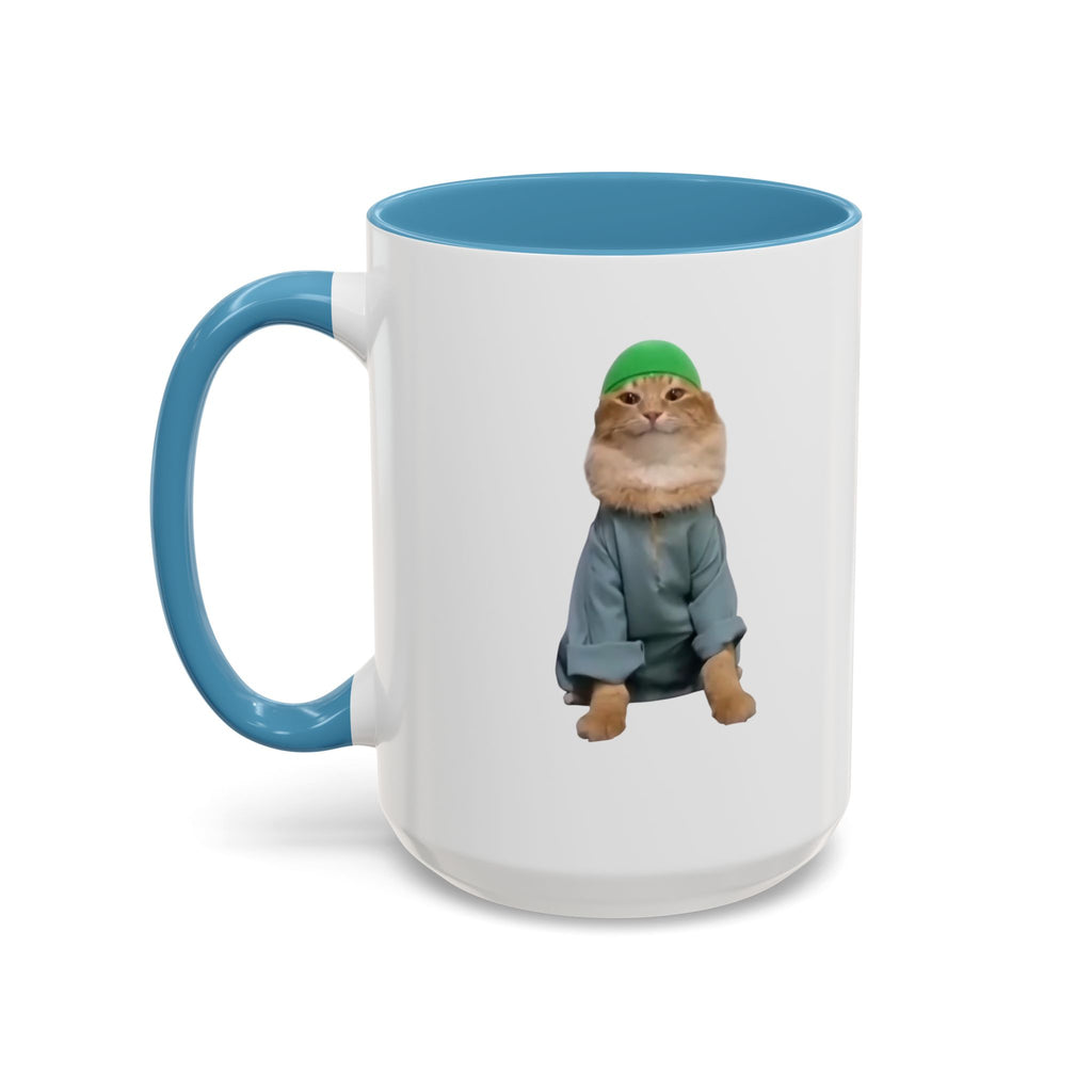 Mug with a cat wearing a hat and coat on a white background