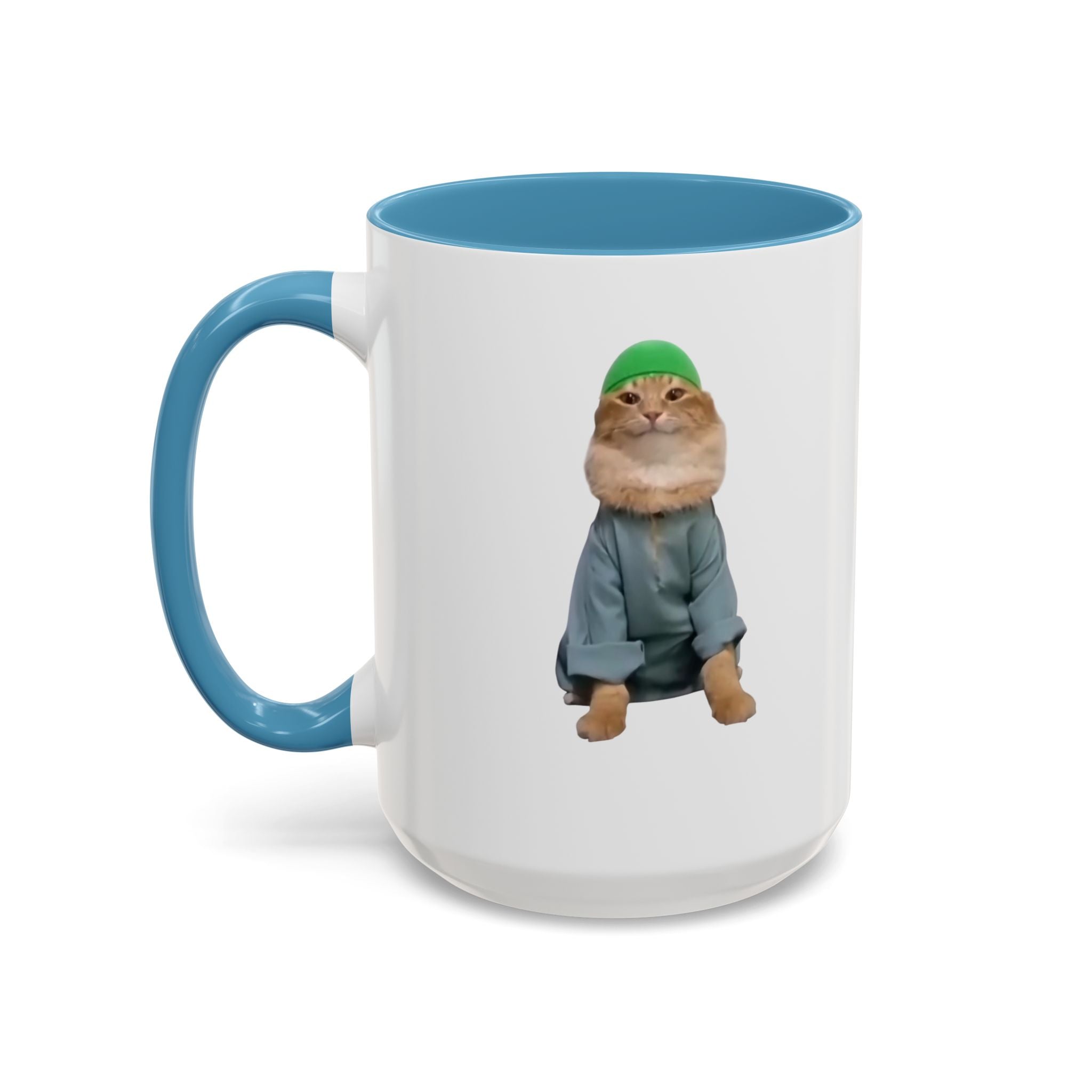 Mug with a cat wearing a hat and coat on a white background