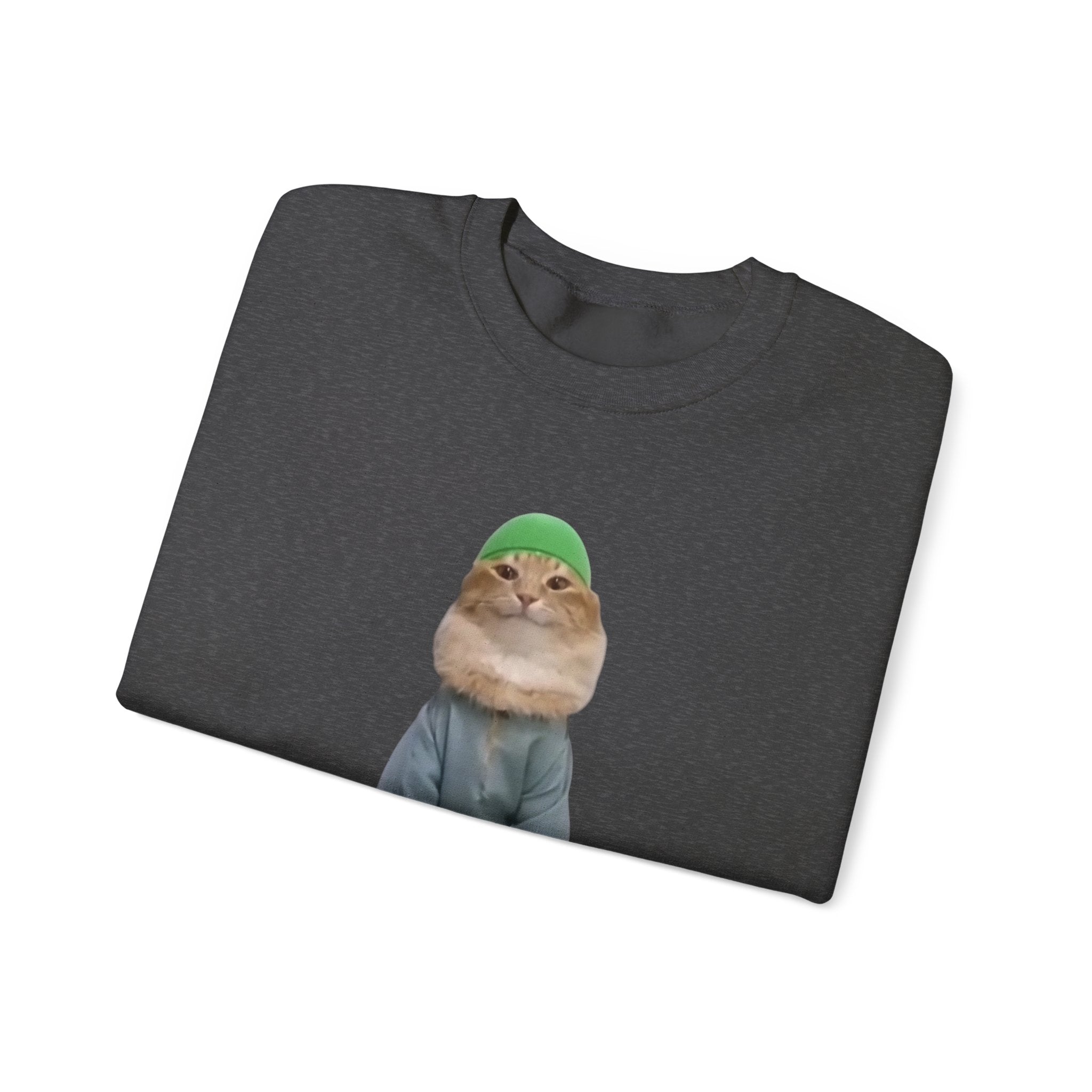 Folded dark gray t-shirt with a cat wearing a green beanie graphic on a white background