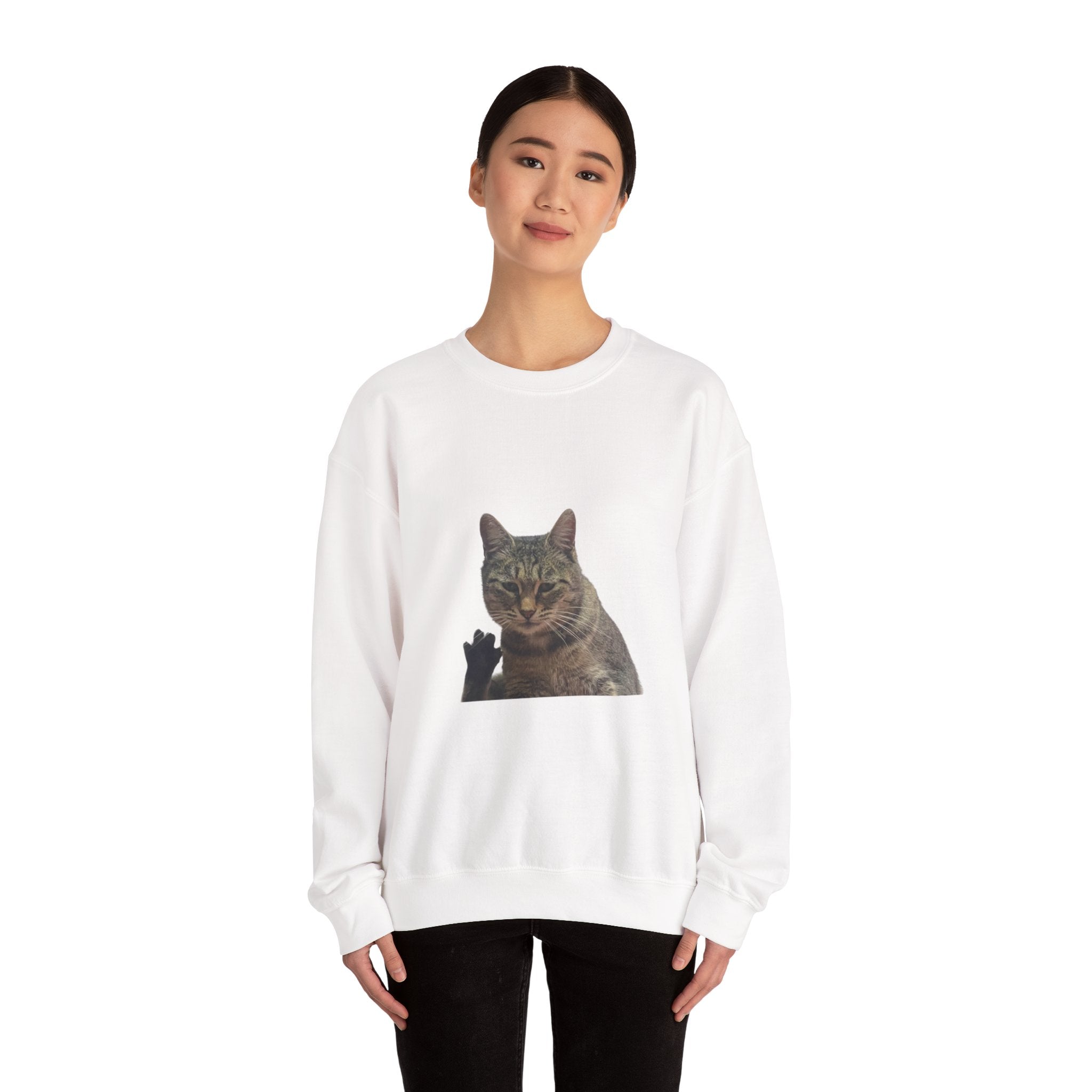 Person wearing a white sweatshirt with a graphic design on a white background
