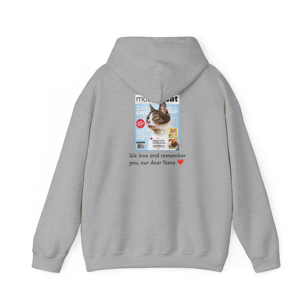 Gray hoodie with a cat memorial design on the back