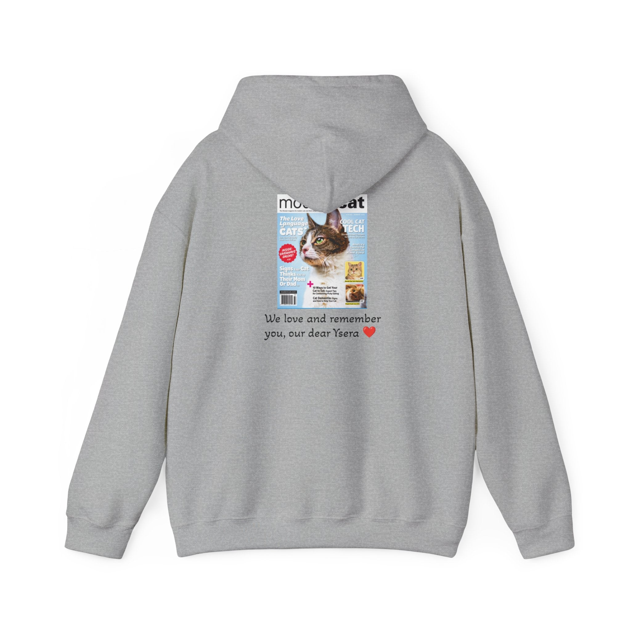 Gray hoodie with a cat memorial design on the back