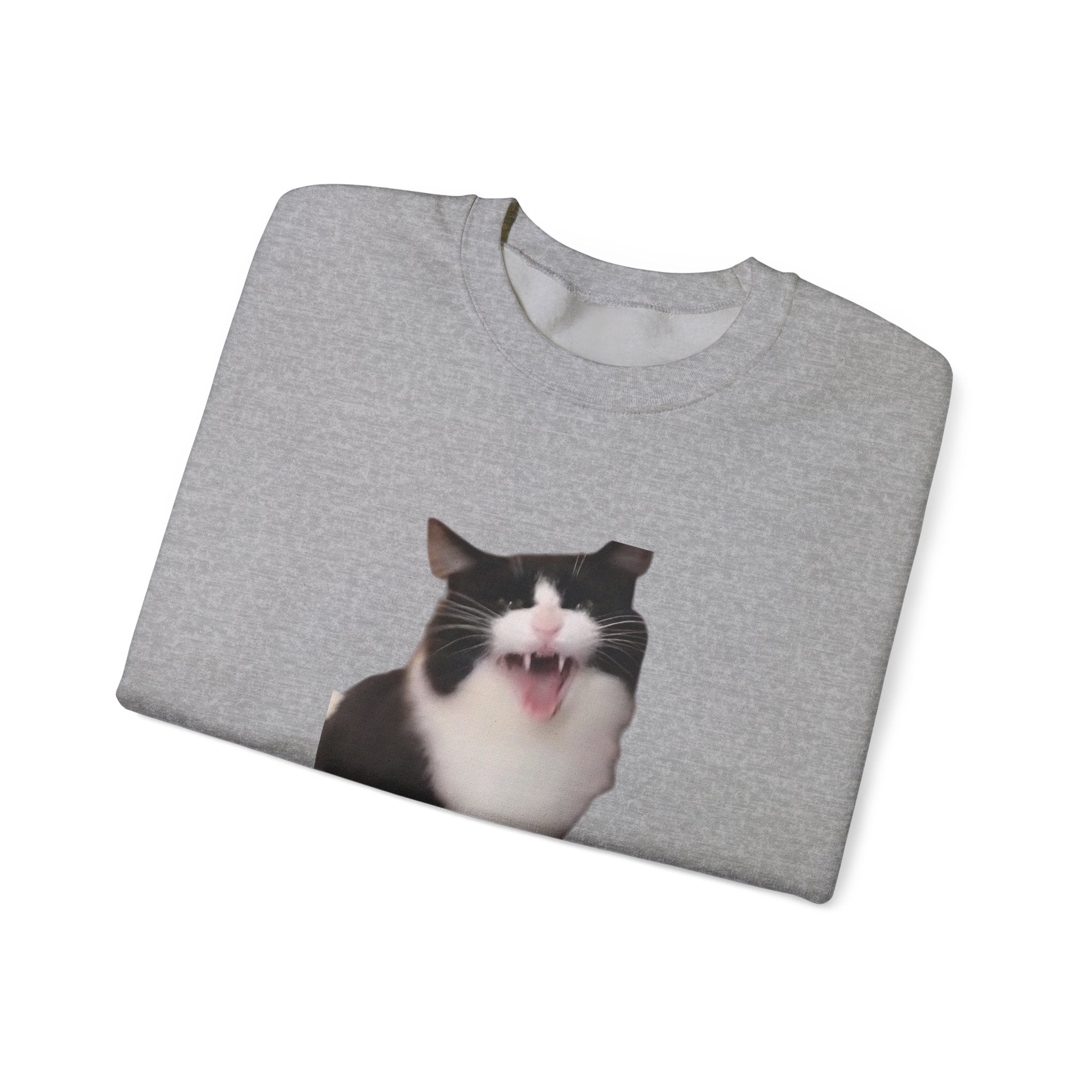 Gray t-shirt with a cat graphic on a white background