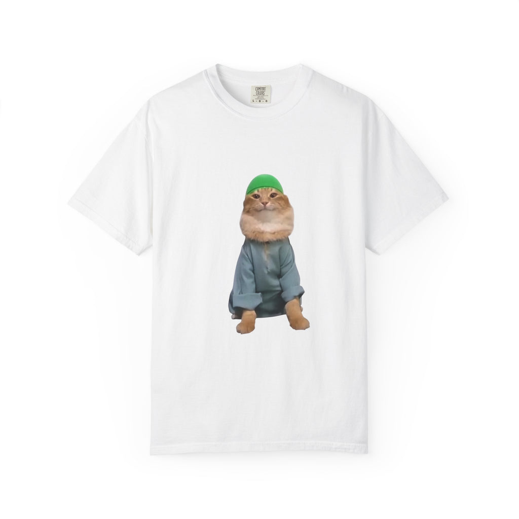 White t-shirt with a graphic of a cat wearing a green hat and blue outfit on a white background