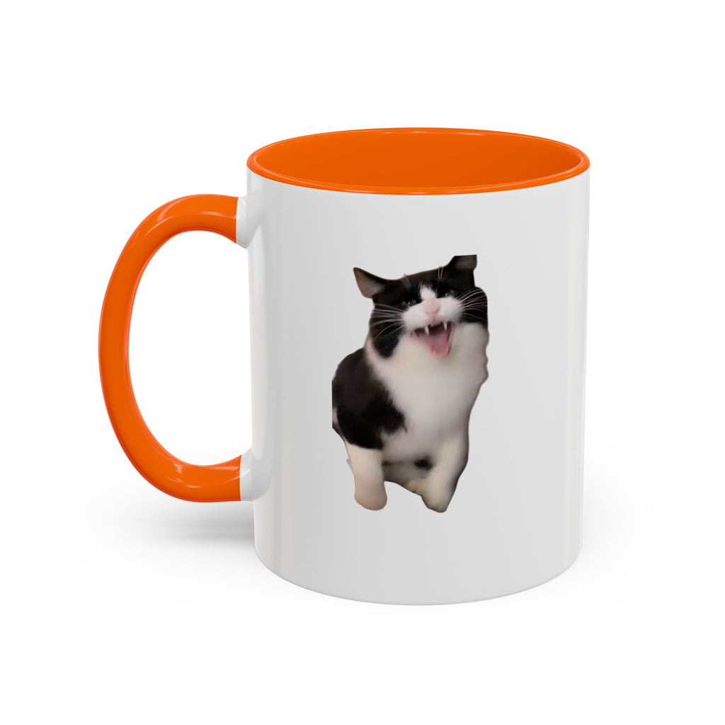 White mug with orange interior and handle featuring a cat design on a white background
