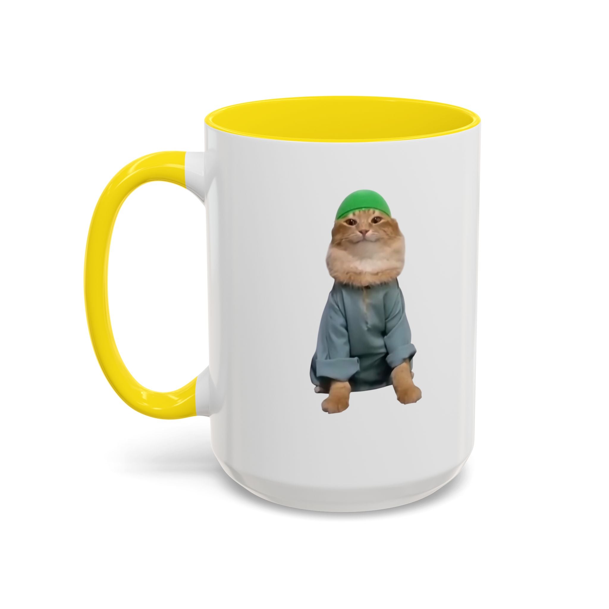 Mug with a cat wearing a hat and coat design on a white background