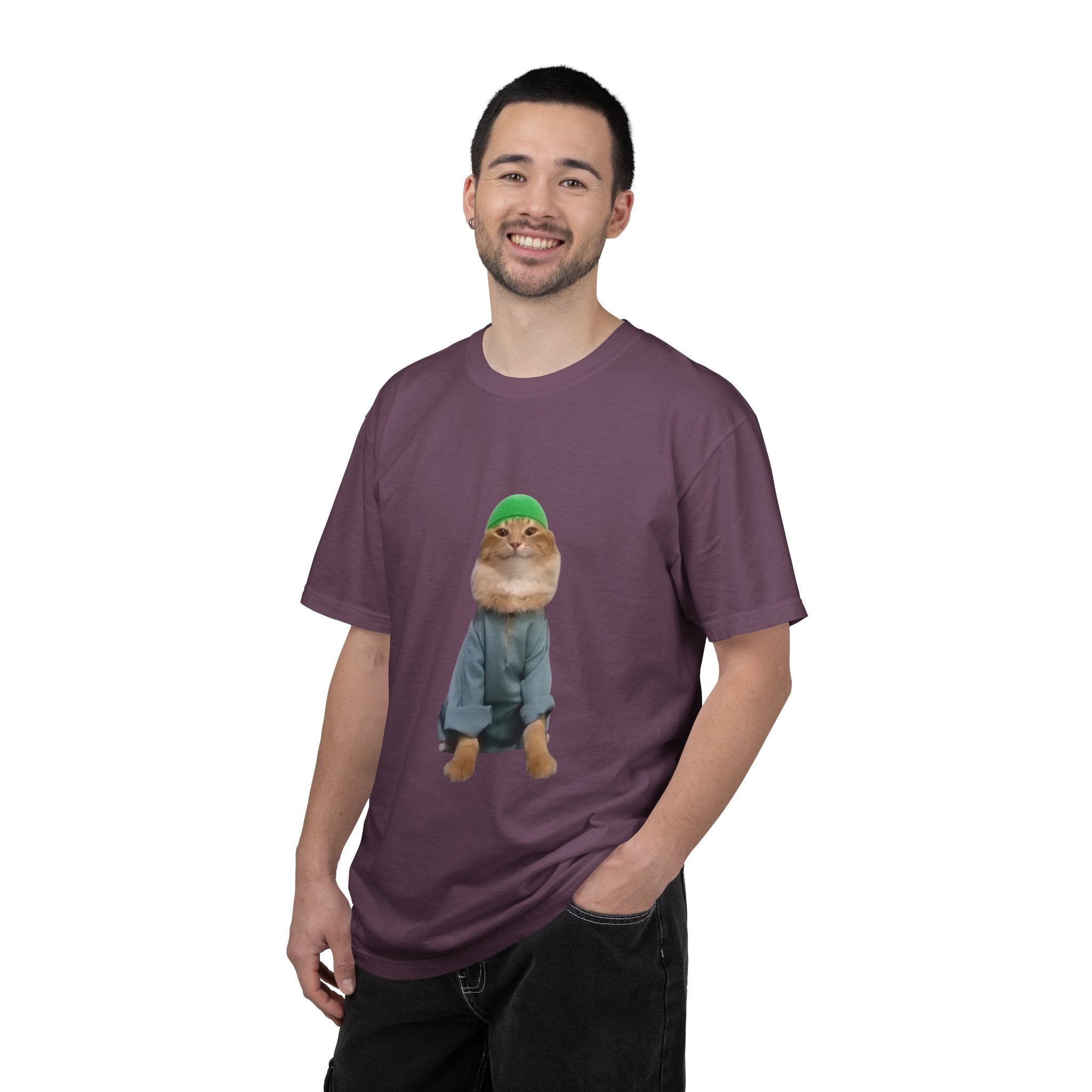 Man wearing a purple t-shirt with a graphic design on a white background