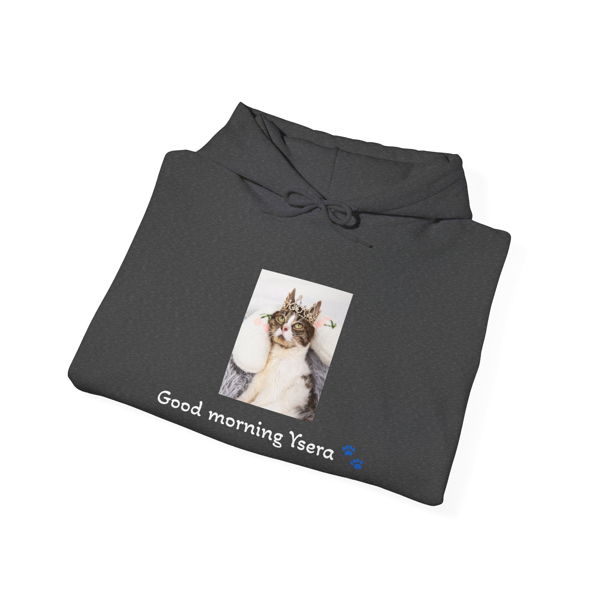 Folded dark gray hoodie with a cat photo and text on a white background