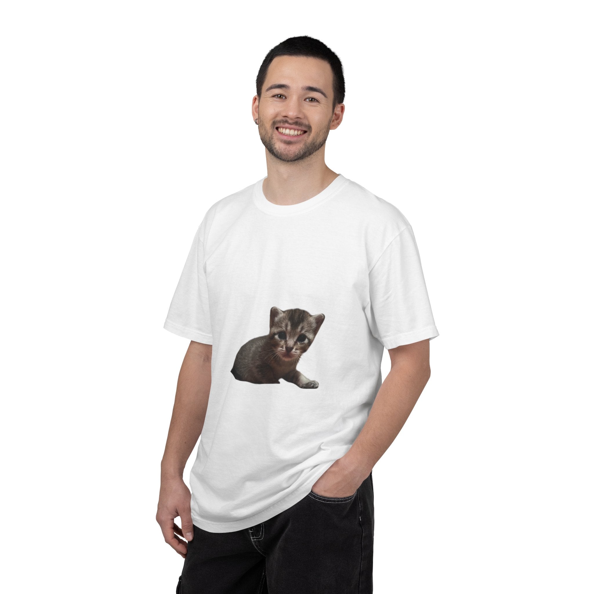 Man wearing a white t-shirt with a kitten graphic on a white background