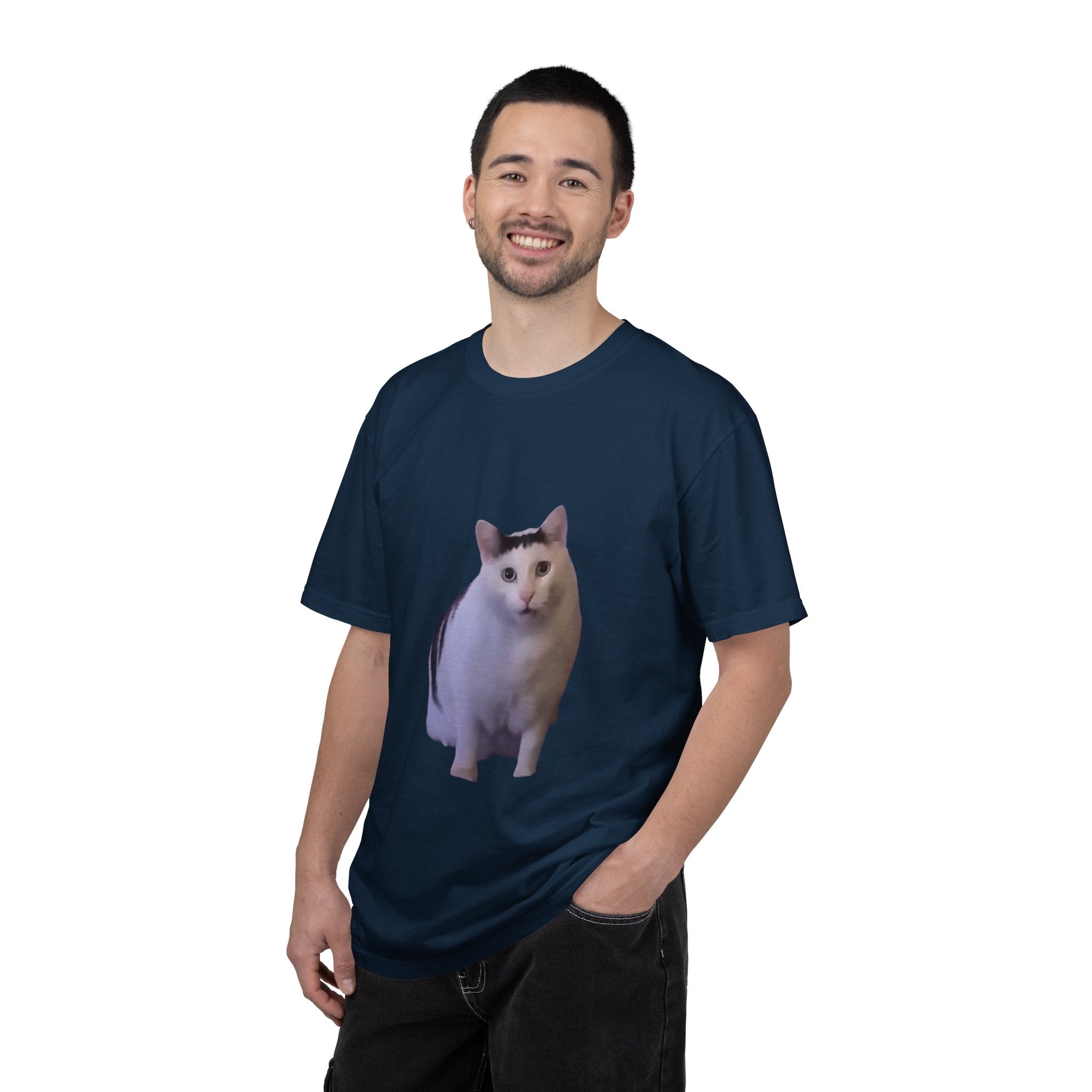 Man wearing a navy blue t-shirt with a graphic and text on a white background