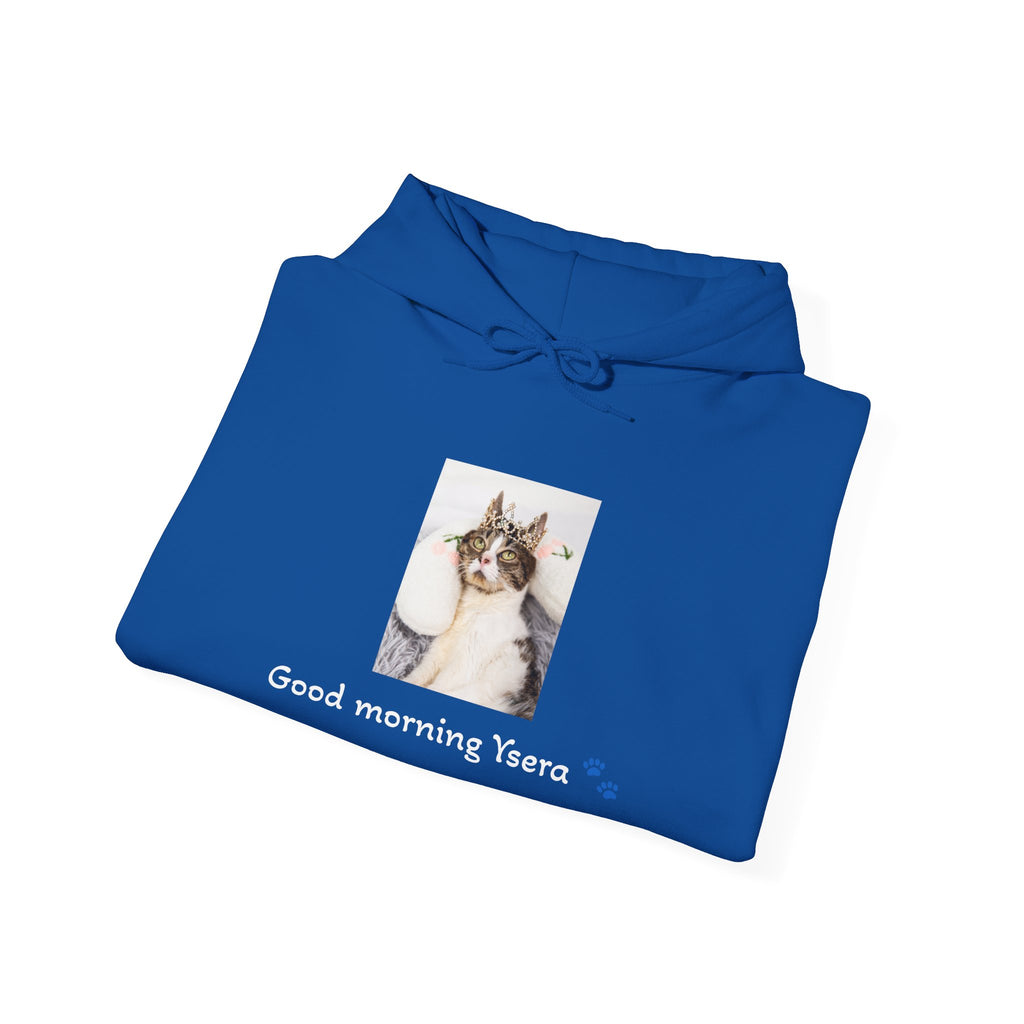Folded blue hoodie with a cat photo and text on a white background